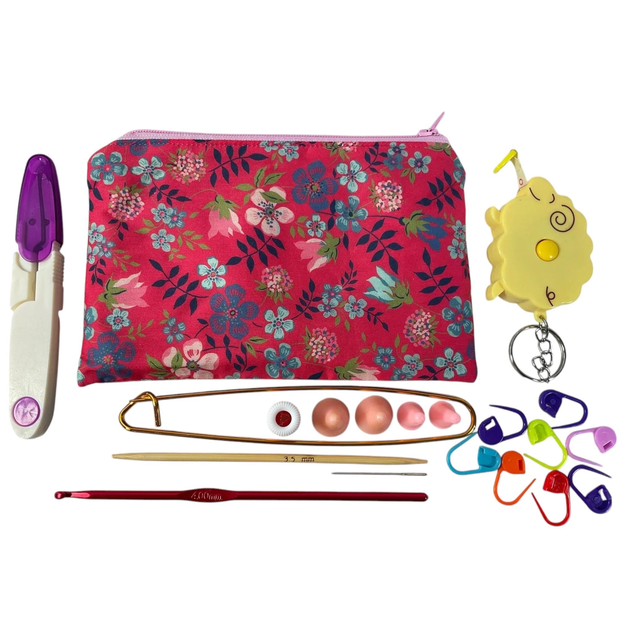 Notions kit for Knitters and crochet in liberty fabric and filled with craft tools, floral travel knitting kit, scissors, stitch holder