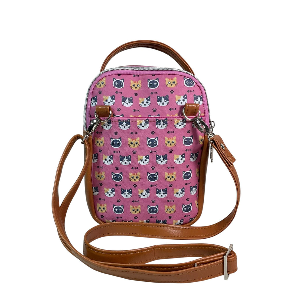 Water bottle sling bag, walking tour and travel day trip, cat lover bag with carry handle, water resistant vinyl/ faux leather bag