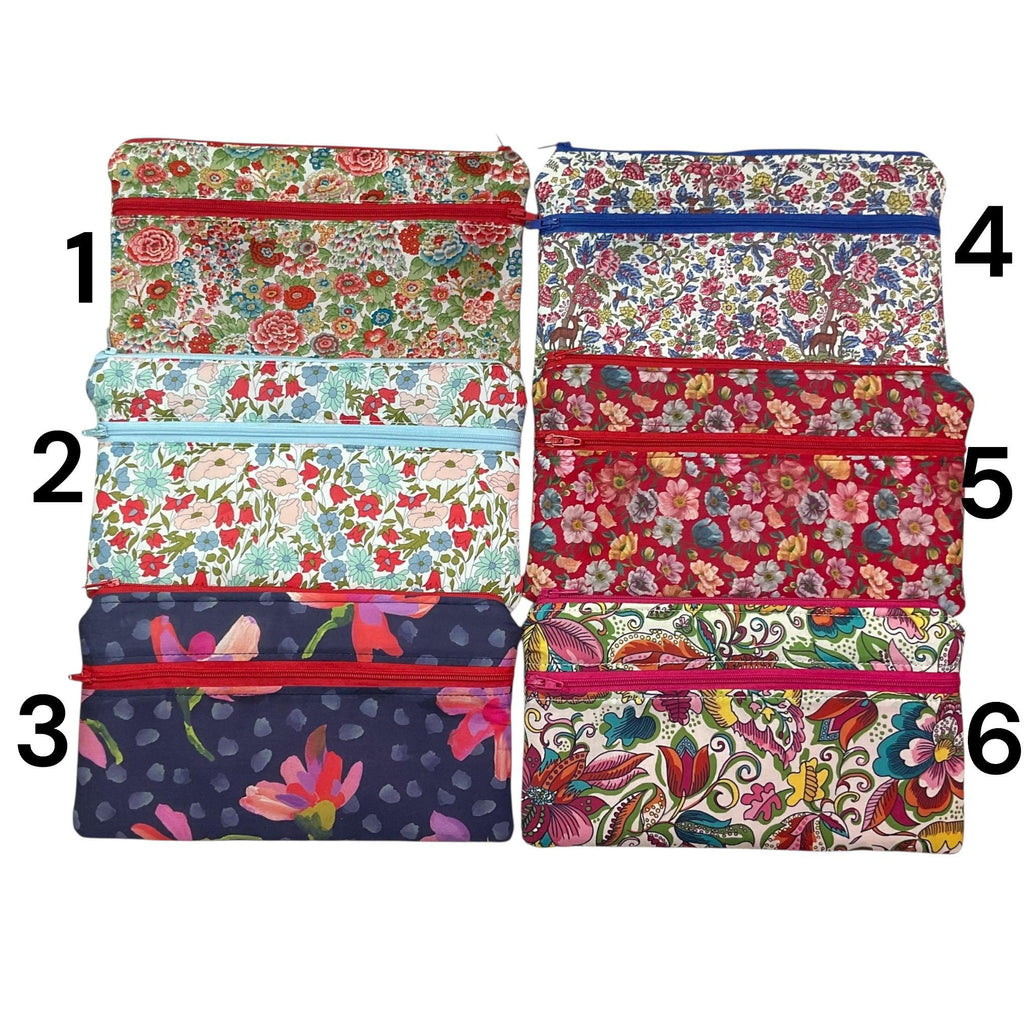 Liberty fabric two pocket pouch, double pocket cosmetics case, 2 section pencil storage, floral water resistant ladies gift, privacy
