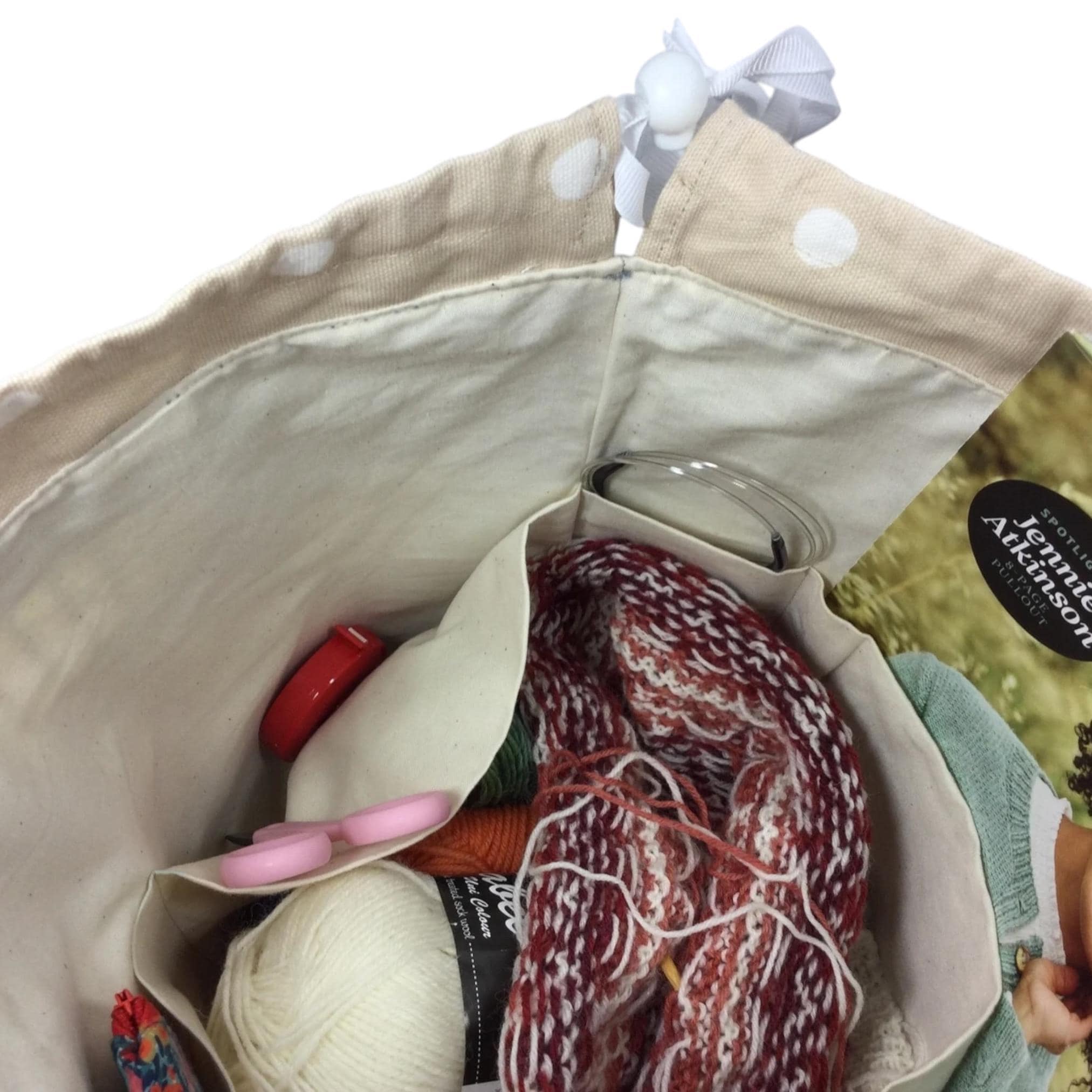 Extra Large drawstring knitting bag with cat print, multi pockets project bag with handles