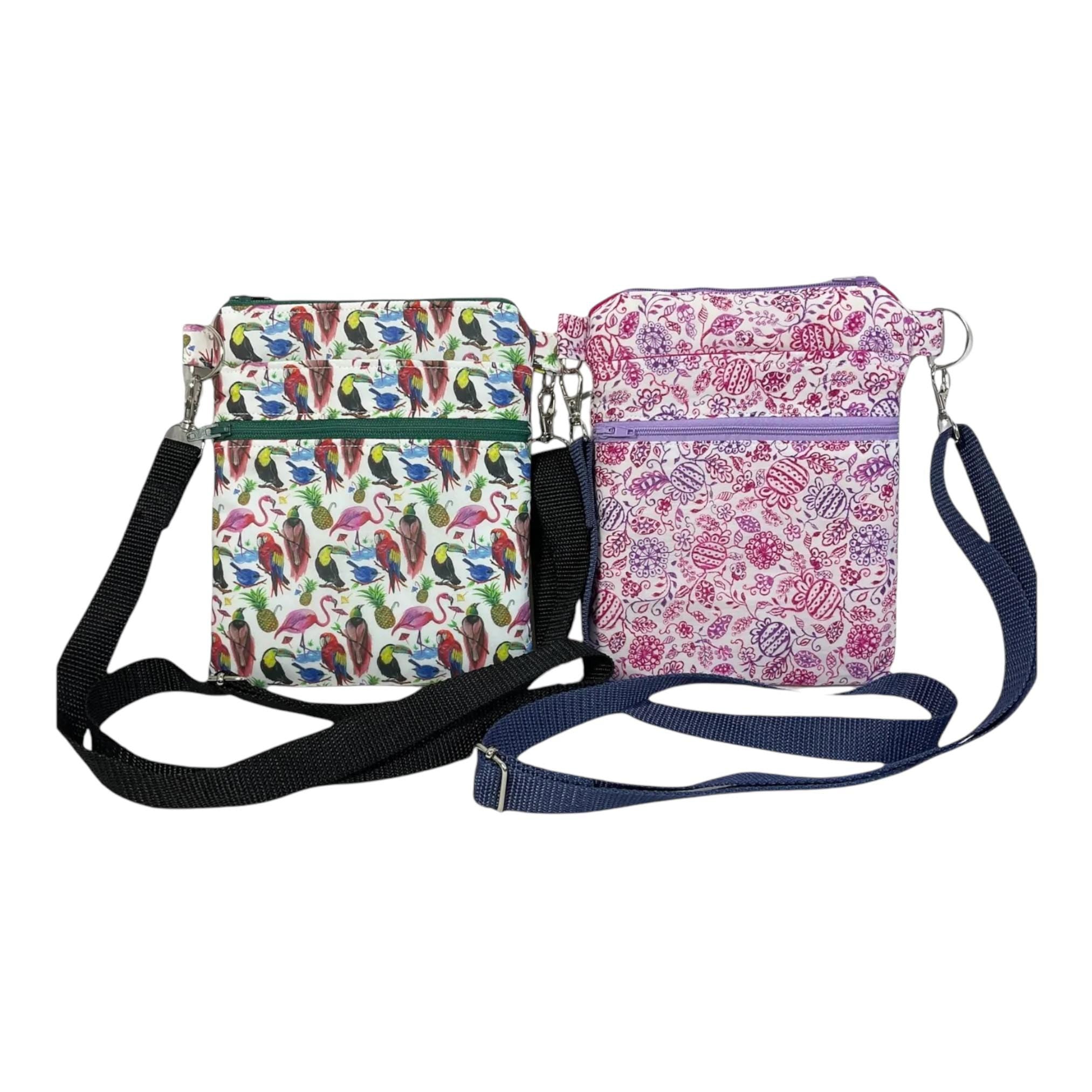 Liberty fabric slim shoulder bag with multi pockets, messenger style pink and purple floral phone purse, teenager bag