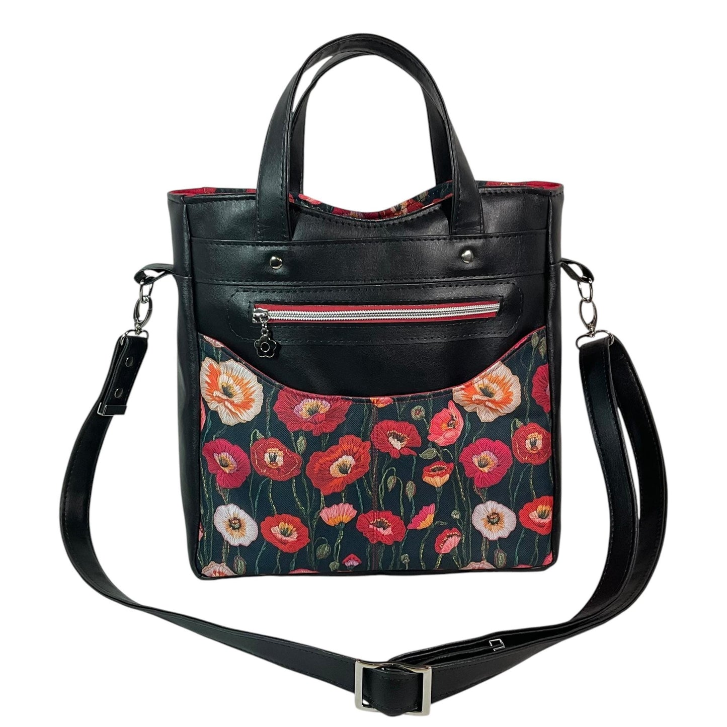 Handbag in faux leather and poppies floral print