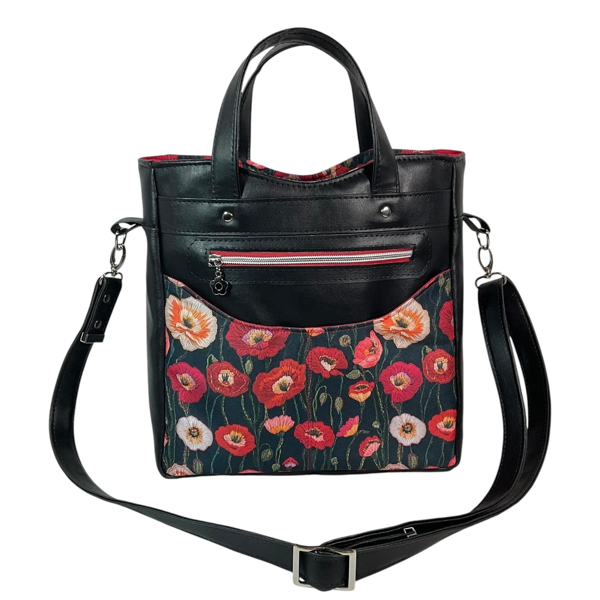 Handbag in faux leather and poppies floral print, vegan ladies gift, handles and crossbody strap bag, rectangular shoulder zip tote