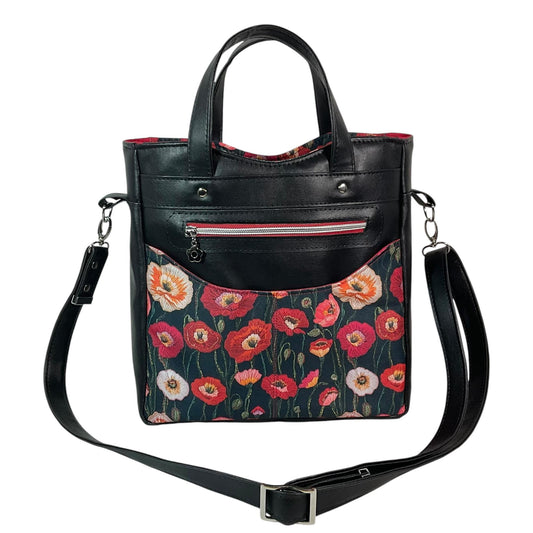Handbag in faux leather and poppies floral print