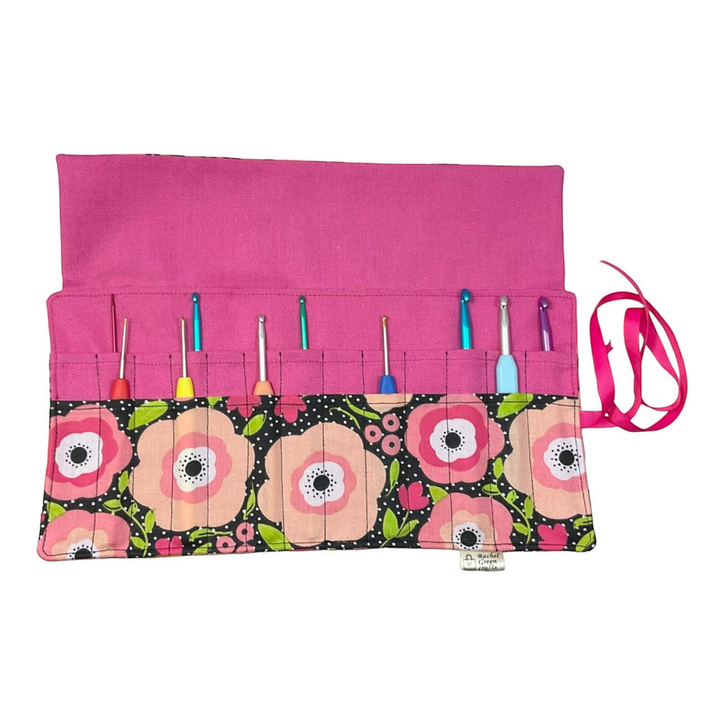 Crochet hook case  with pretty pink floral print, Ergonomic hook organiser, roll up short Dpn case, crochet lover gift, knitters gift,