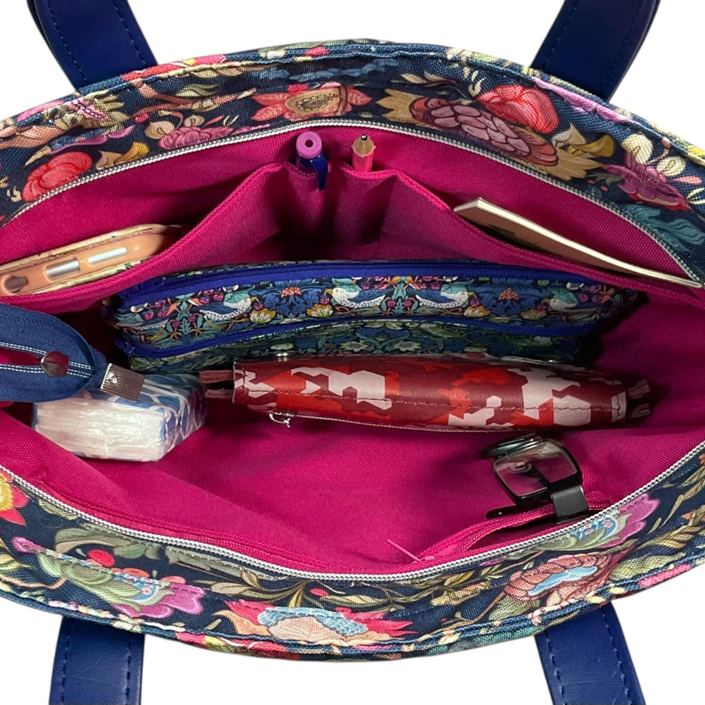 Crossbody Handbag with floral bird print, made in blue shade faux leather, unique large woodland shoulder tote, zip pocket,  ladies gift