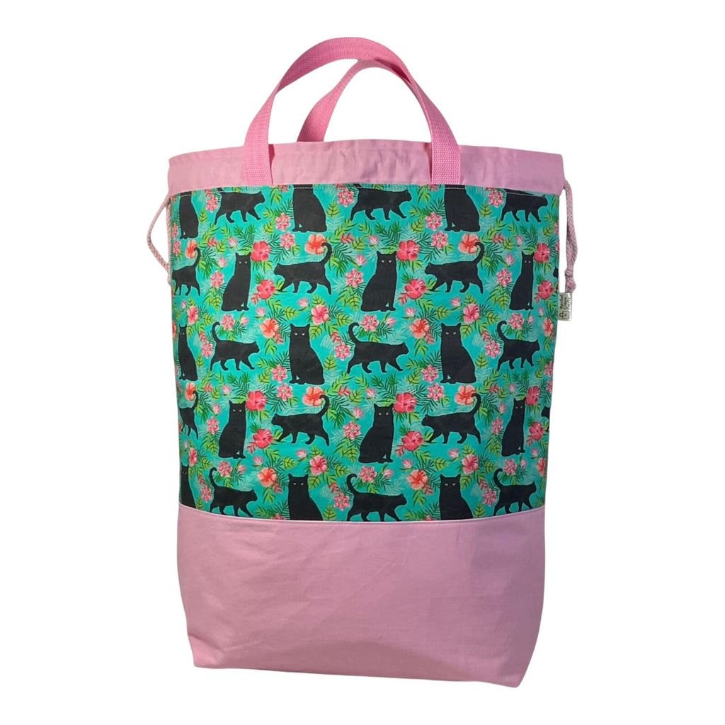 XXL  drawstring knitting bag with black cats and flowers print, supersized multi pockets project bag with handles, cat lover gift