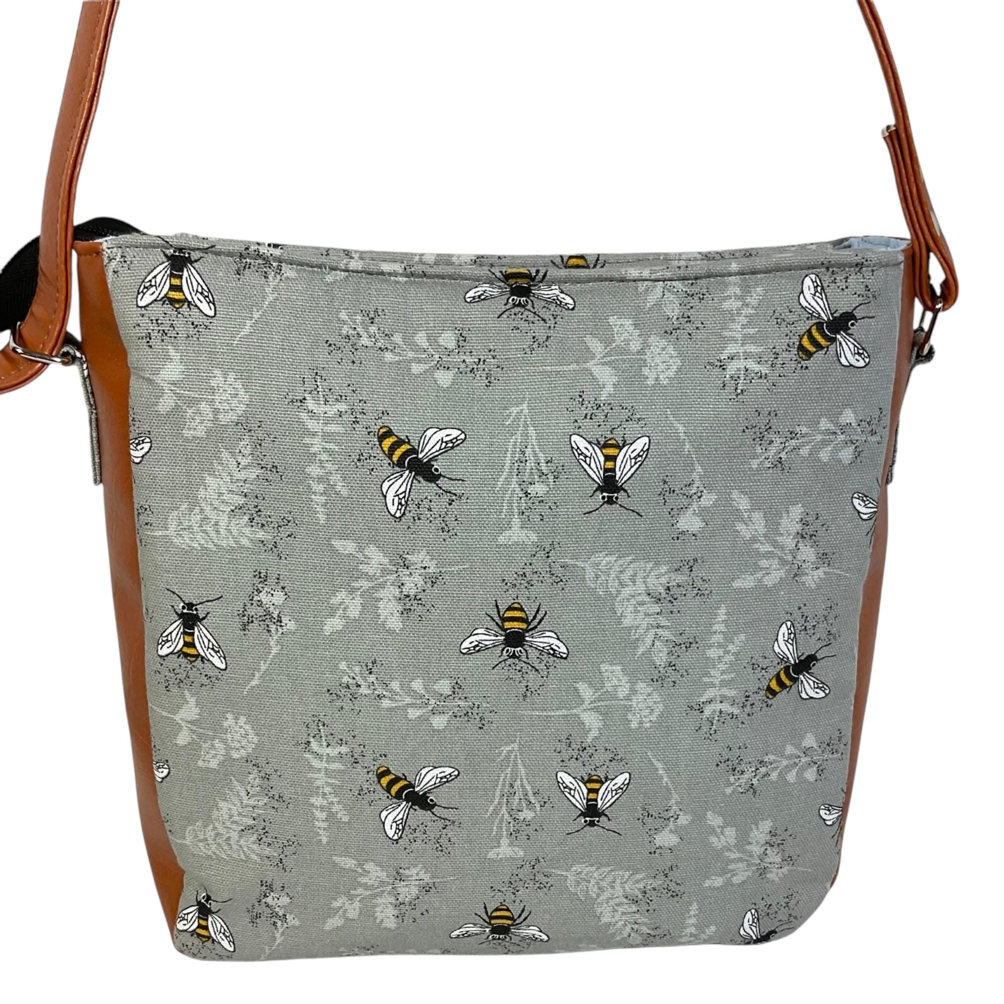 Handbag in faux leather and bee print,  vegan ladies gift, crossbody bag, shoulder zip pouch