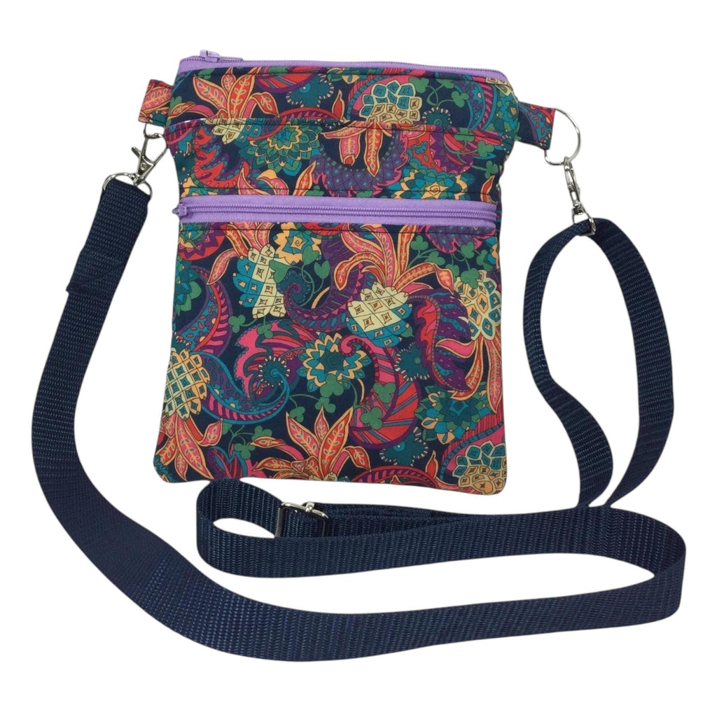 Liberty fabric slim phone shoulder bag with multi pockets, teenager messenger style floral phone pouch, mini clubbing festival clutch bag