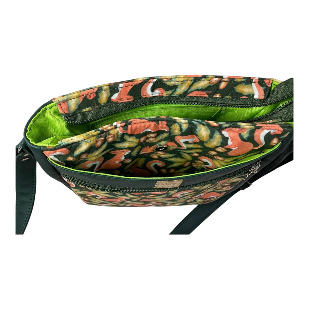 Handbag in faux leather and squirrel print,  vegan ladies gift, woodland crossbody bag, shoulder zip pouch