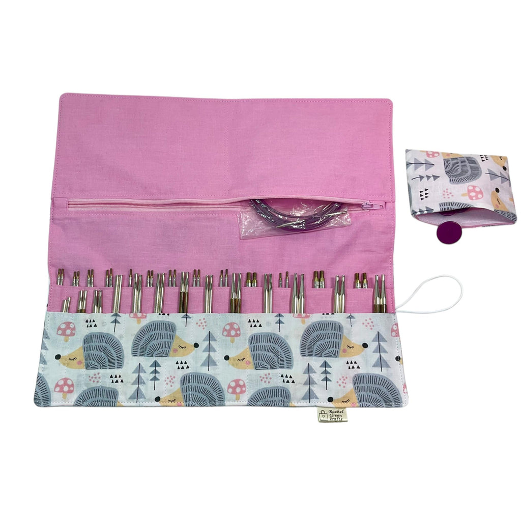 Interchangeable knitting needle case with hedgehogs, holds 2 sets, addi case, chiagoo wallet, woodland  knit pro organiser, hiya hiya pouch