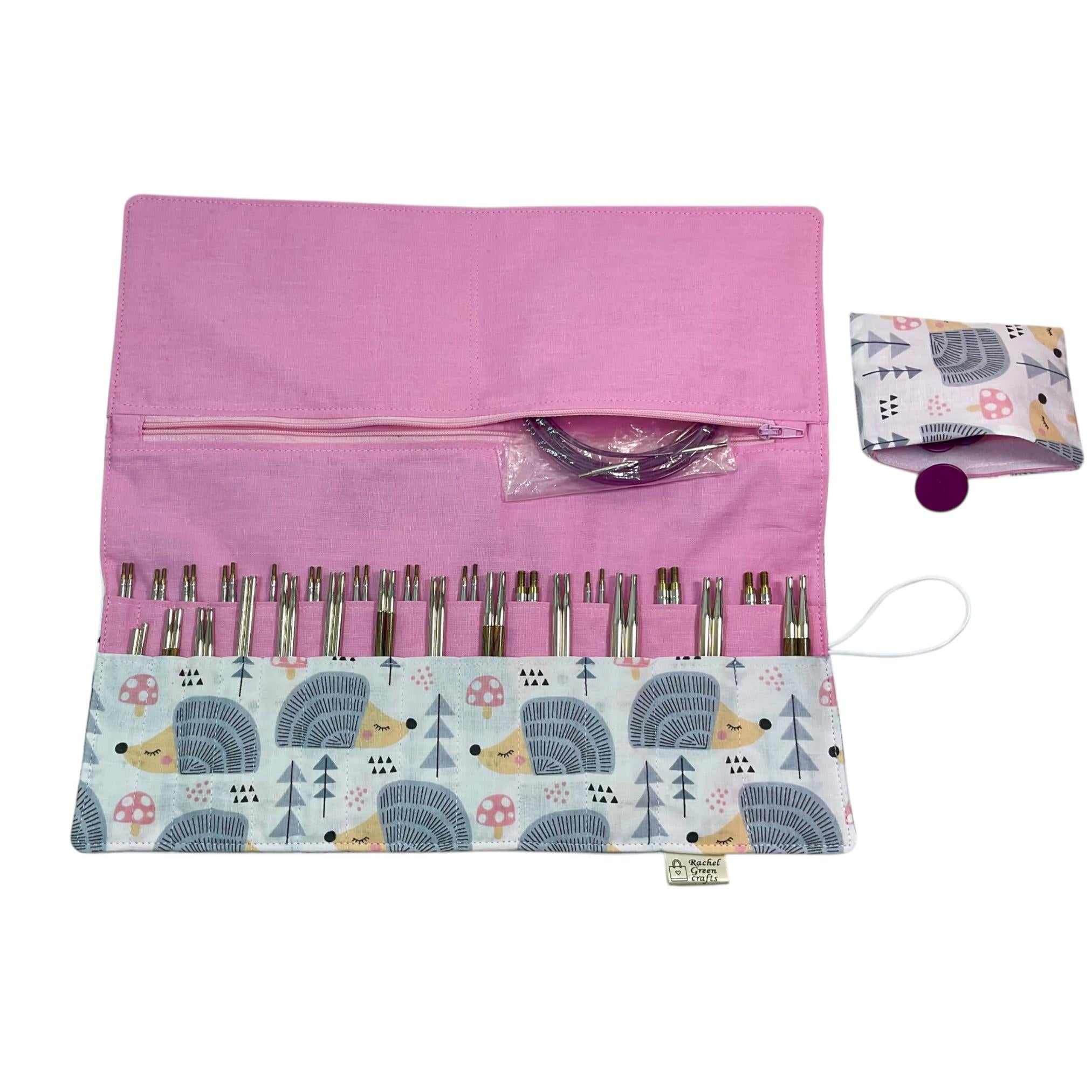 Interchangeable knitting needle case with hedgehogs, holds 2 sets, addi case, chiagoo wallet, woodland  knit pro organiser, hiya hiya pouch