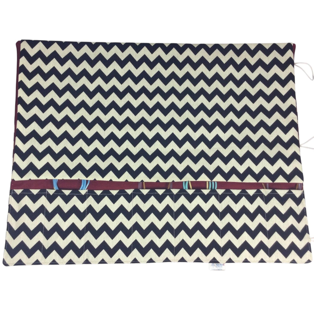 Straight and circular knitting needle case with black chevron print, heavy weight storage pouch, long needles wallet, fixed sock needle