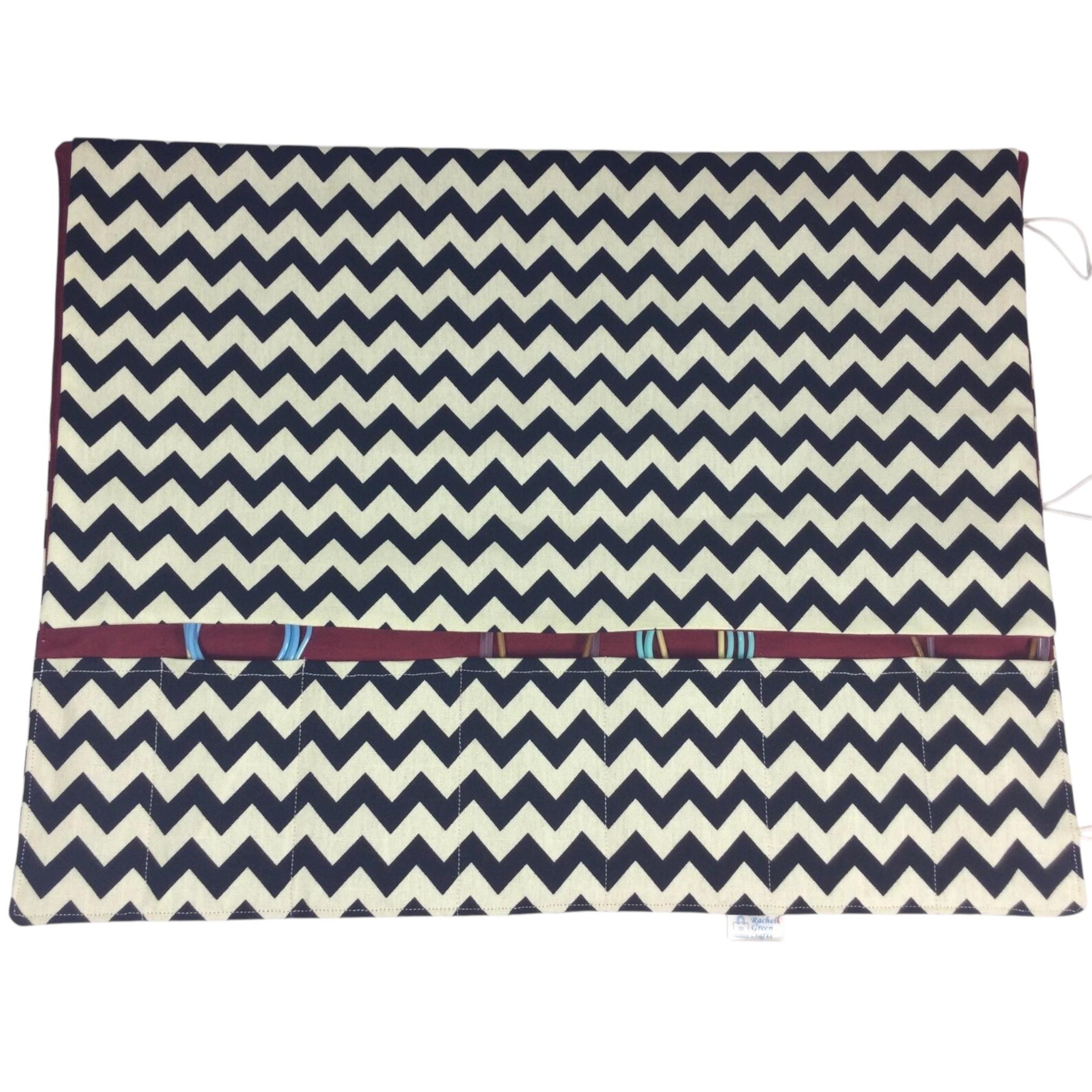 Straight and circular knitting needle case with black chevron print, heavy weight storage pouch, long needles wallet, fixed sock needle