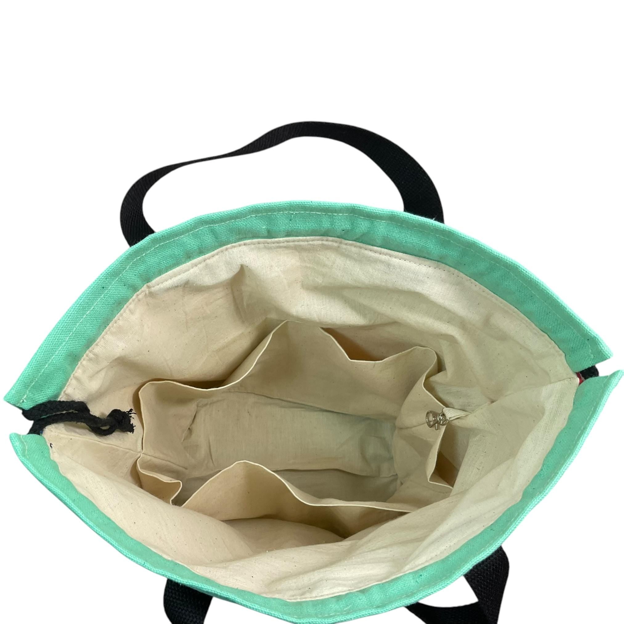 Extra Large drawstring knitting bag with bright sheep print, multi pockets project bag with handles