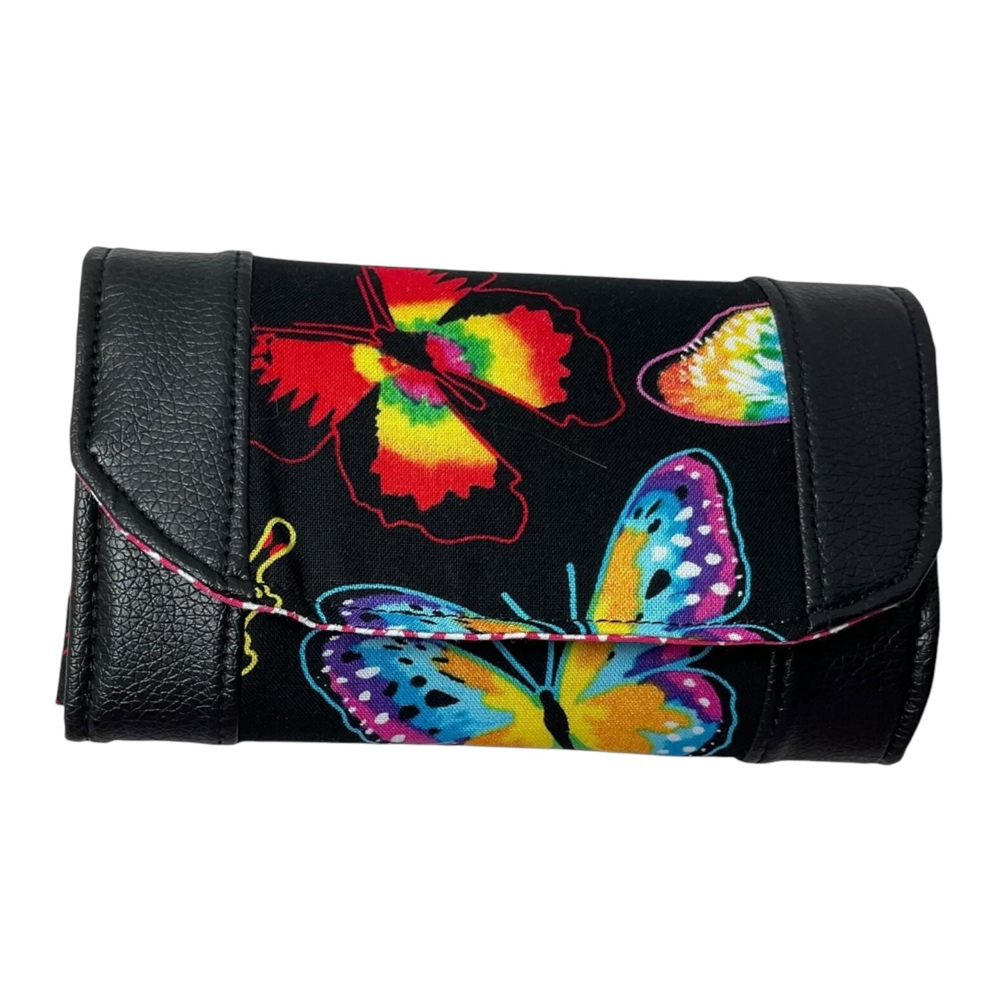 Ladies purse in faux leather and cotton canvas fabric, concertina style coin and card wallet, butterfly, cats and strawberry thief print