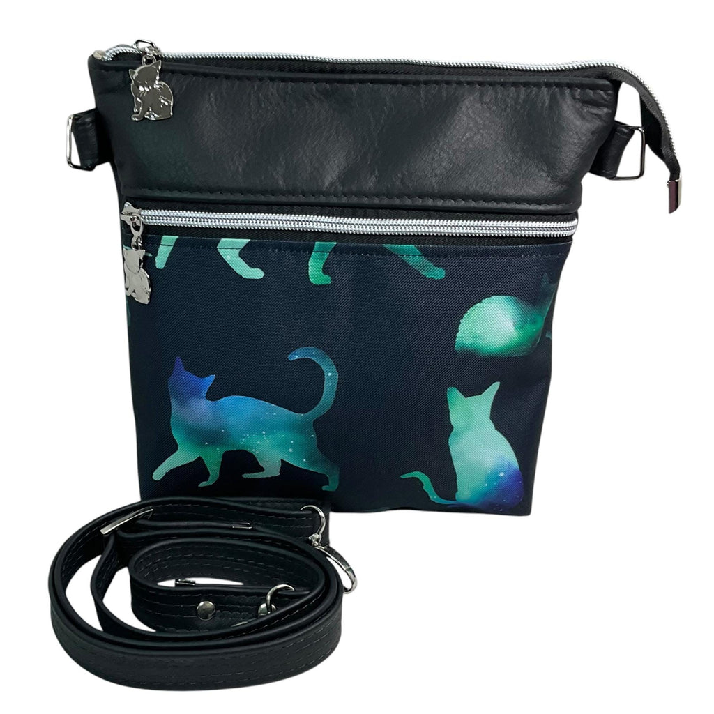 Leather Crossbody Bag: Green Cat Print Canvas, Handmade