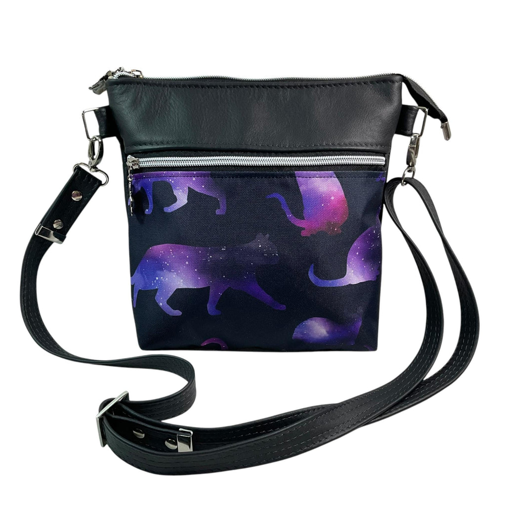 Handbag in genuine Leather and purple cat print water resistant canvas, medium sized zip top