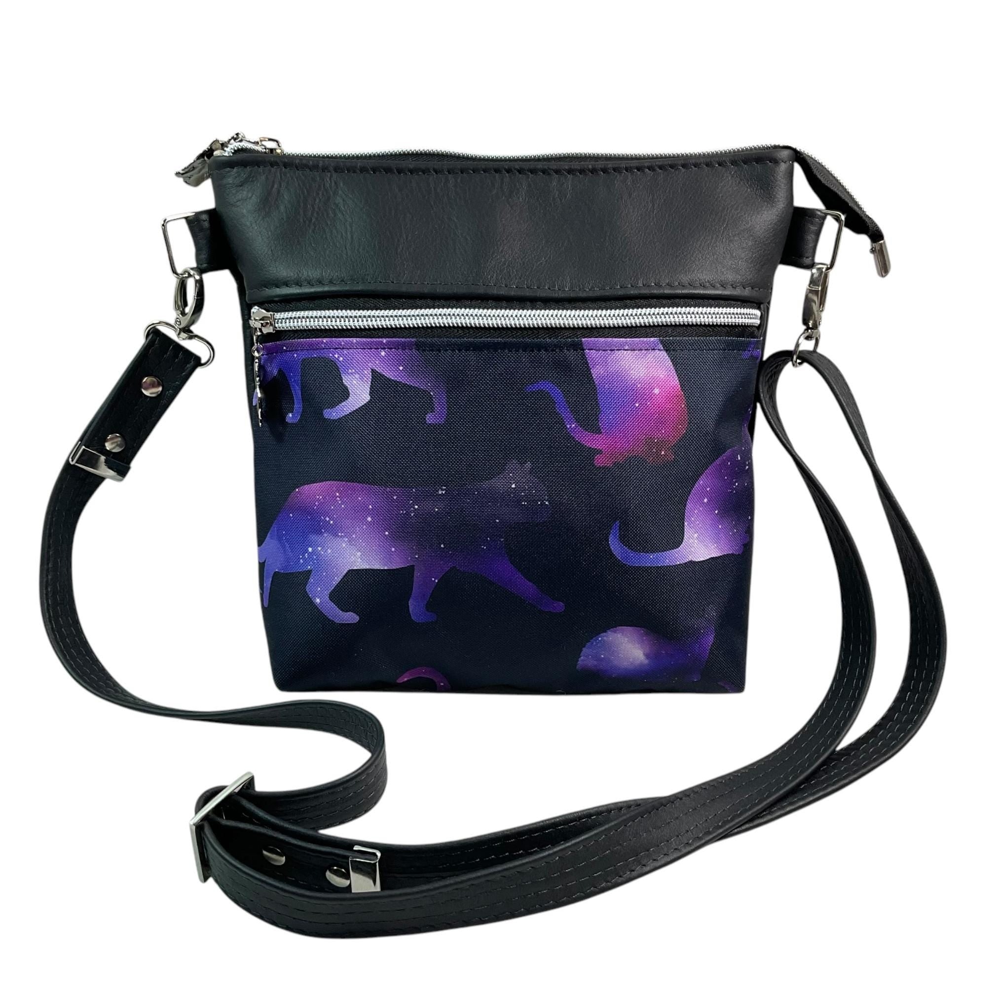 Handbag in genuine Leather and purple cat print water resistant canvas, medium sized zip top