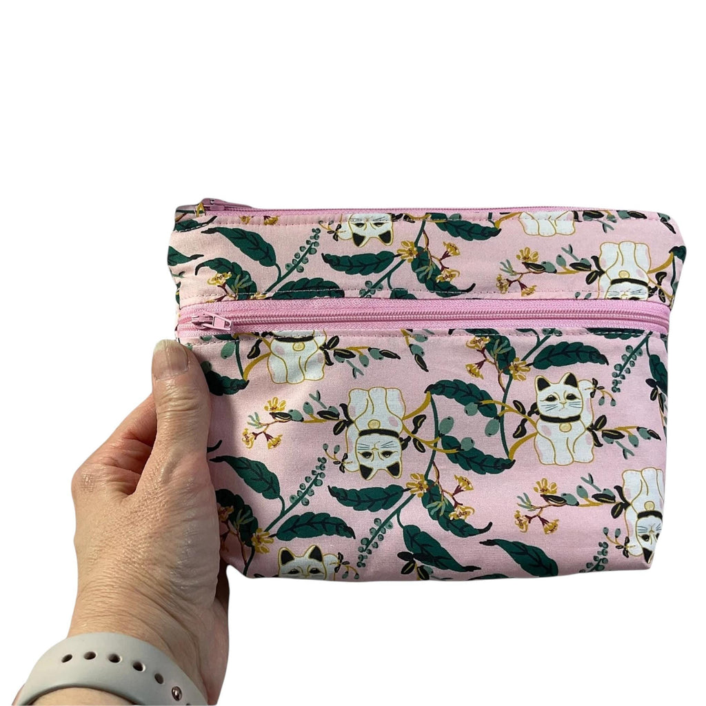 Cosmetics bag with cat print and 2 pockets,  makeup pouch, water resistant case, notions zipper pouch, cat lover gift