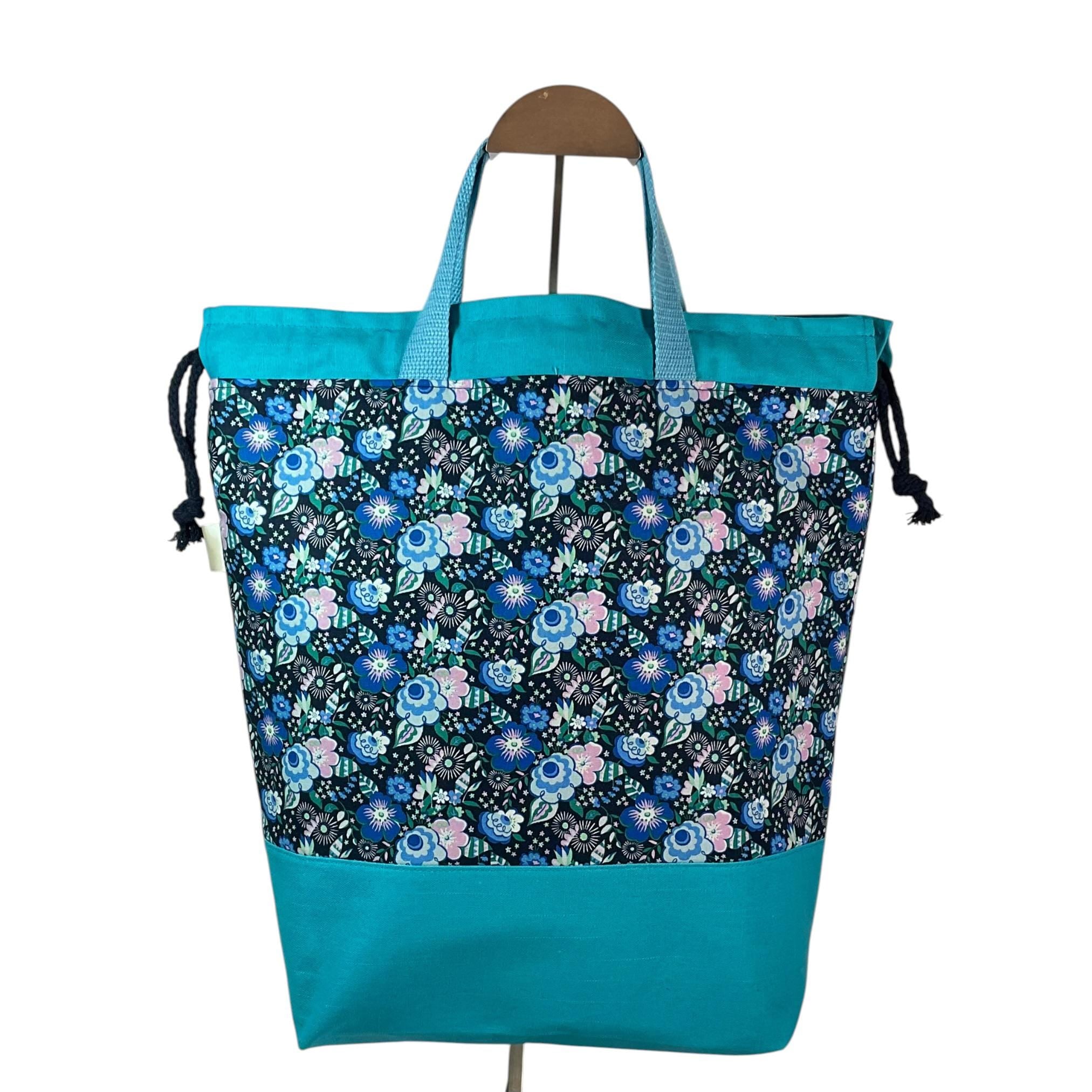 Liberty fabric Extra Large drawstring knitting bag with floral print, multi pockets project  bag with handle, flower lover gift