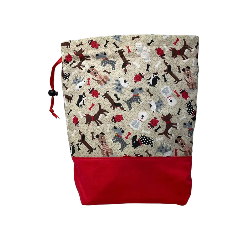 Two at a time knitting bag with dogs, medium sock sack, pink drawstring divided, shoe, toiletries, work in progress bag , WIP bag
