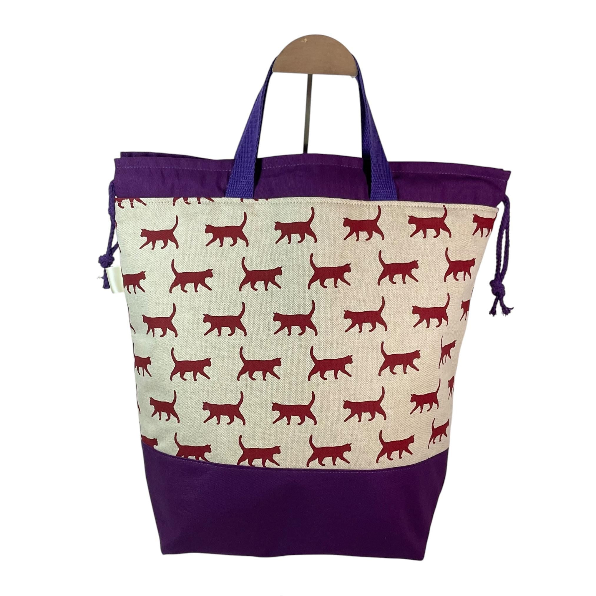 Extra Large drawstring knitting bag with cat print, multi pockets project bag with handles