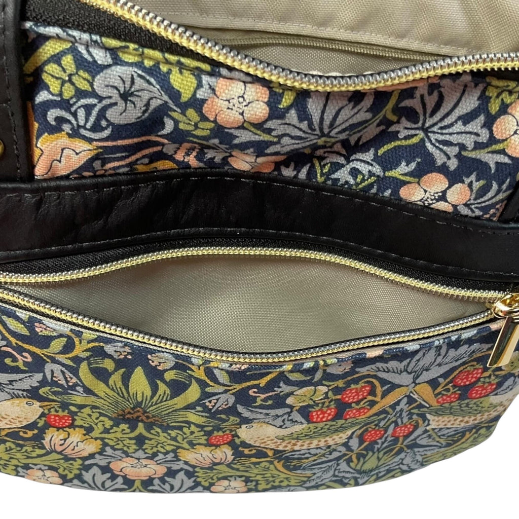 Crossbody Handbag in genuine Leather and strawberry thief print, William Morris print shoulder bag, zip pocket adjustable strap organiser