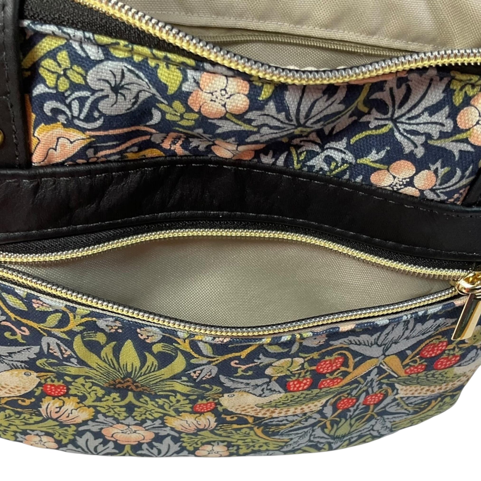 Crossbody Handbag in genuine Leather and strawberry thief print, William Morris print shoulder bag, zip pocket adjustable strap organiser