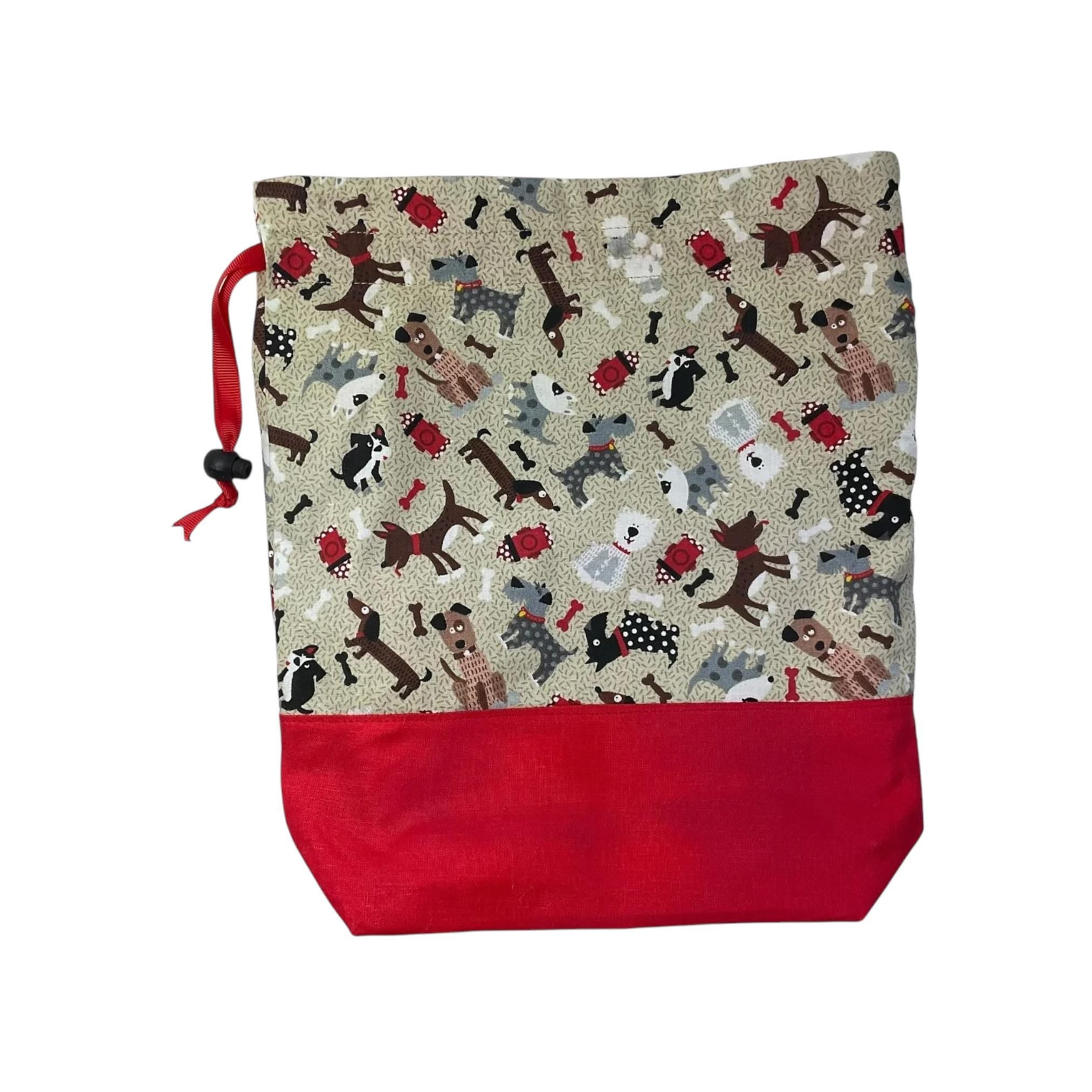 Two at a time knitting bag with dogs, medium sock sack, pink drawstring divided, shoe, toiletries, work in progress bag , WIP bag