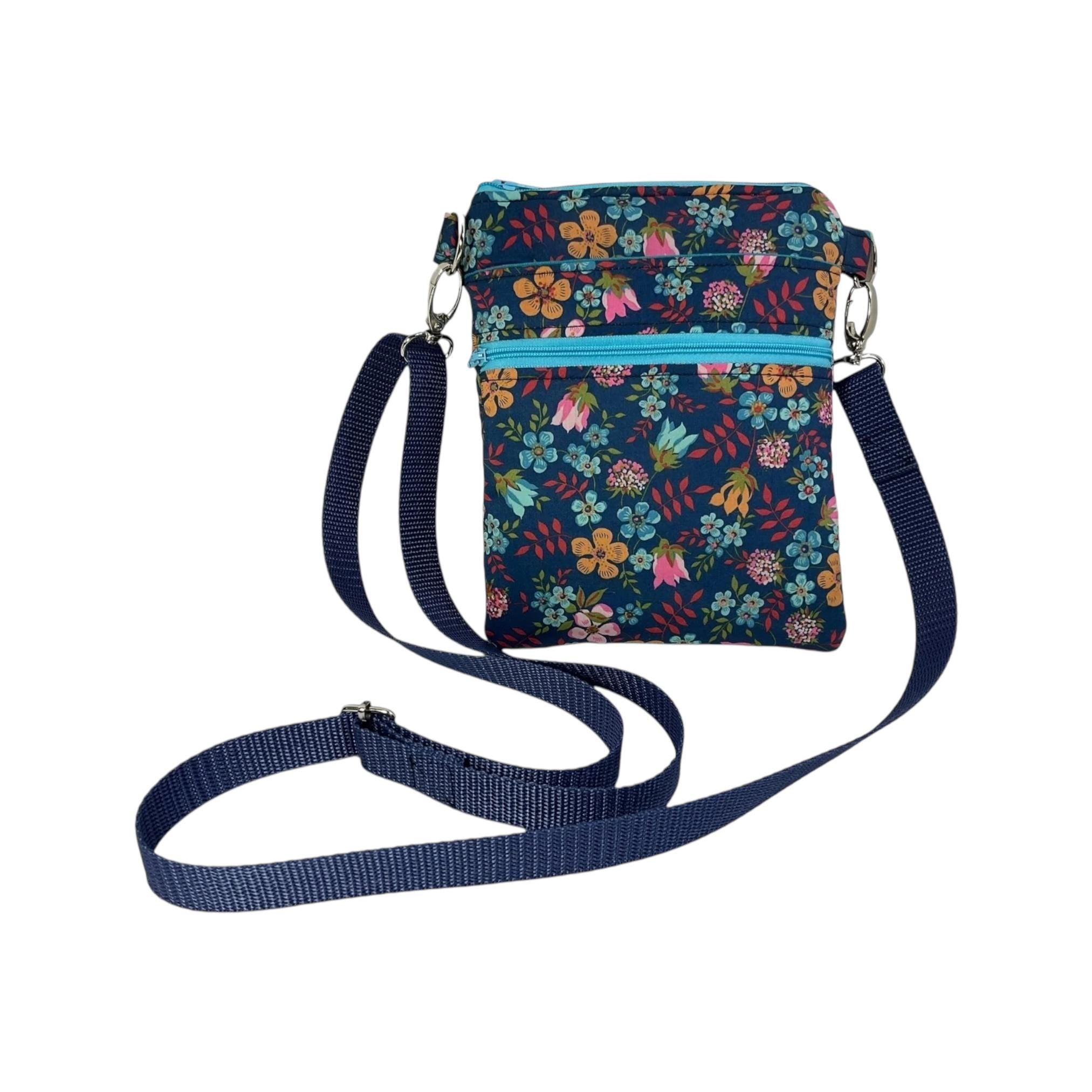 Liberty fabric slim phone shoulder bag with multi pockets, teen messenger floral phone pouch, fish mini clutch bag, clubbing festival bag,