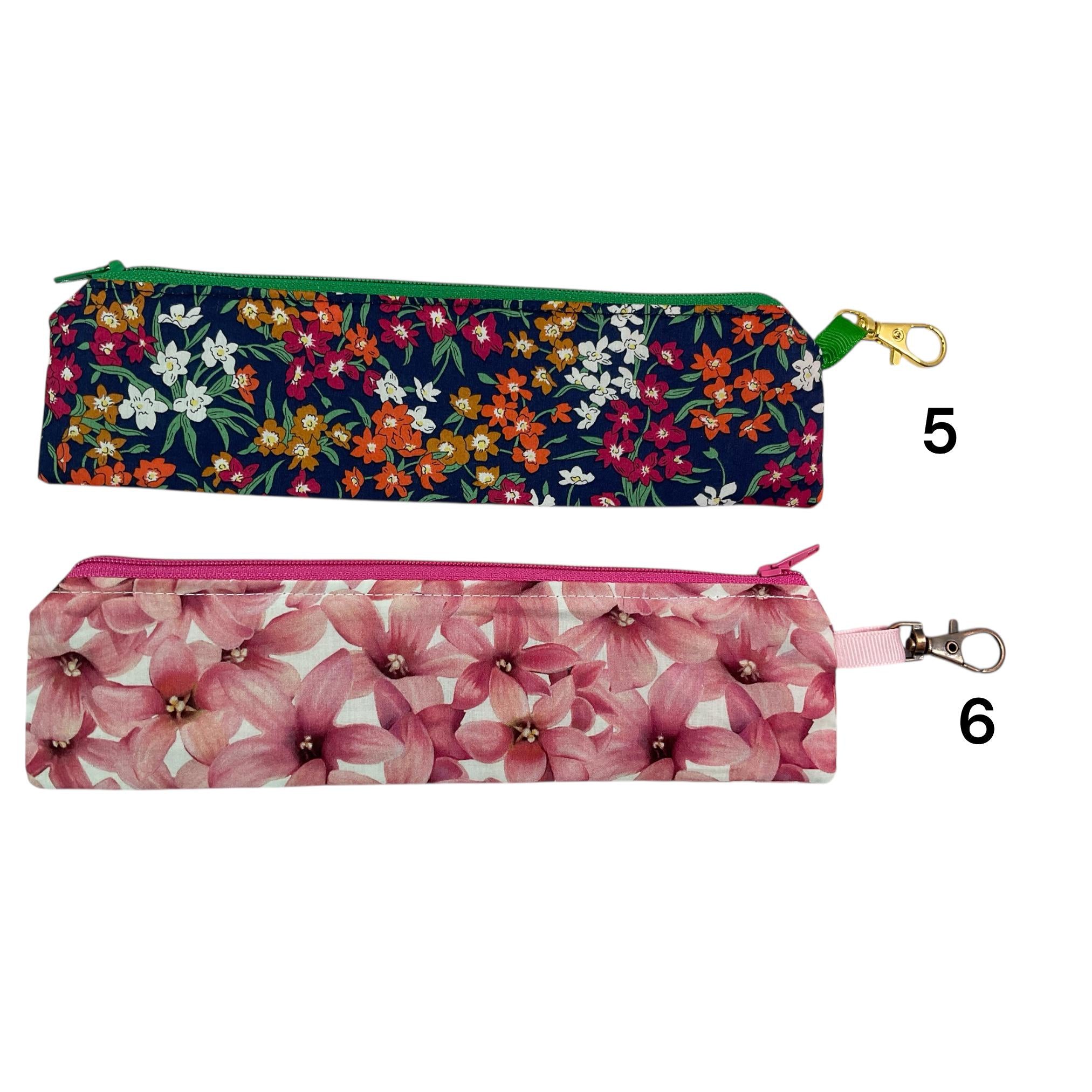 Liberty fabric slim pencil case, floral skinny zip pouch with lanyard clip, small items pouch, nail file storage, medical female sanitary