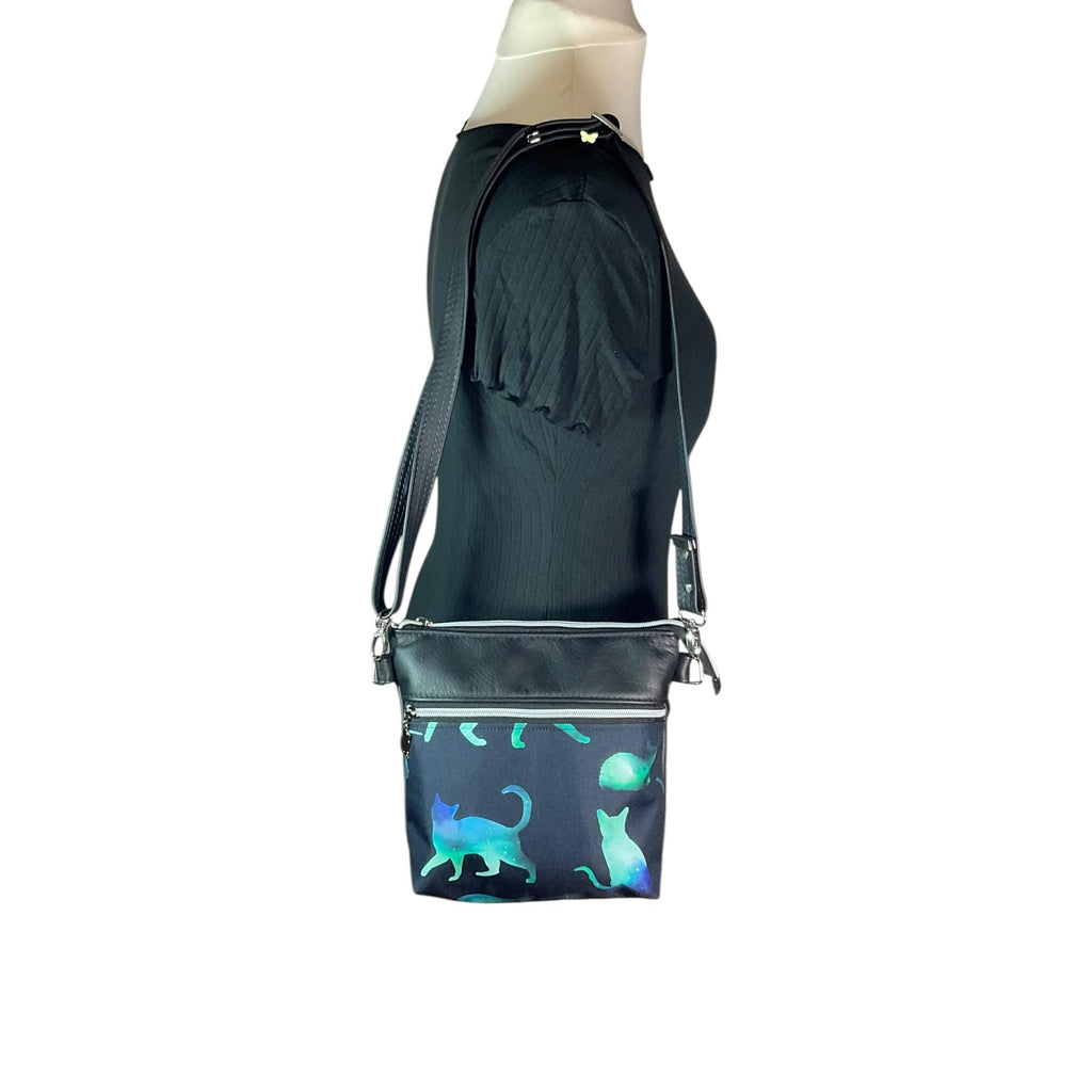 Leather Crossbody Bag: Green Cat Print Canvas, Handmade