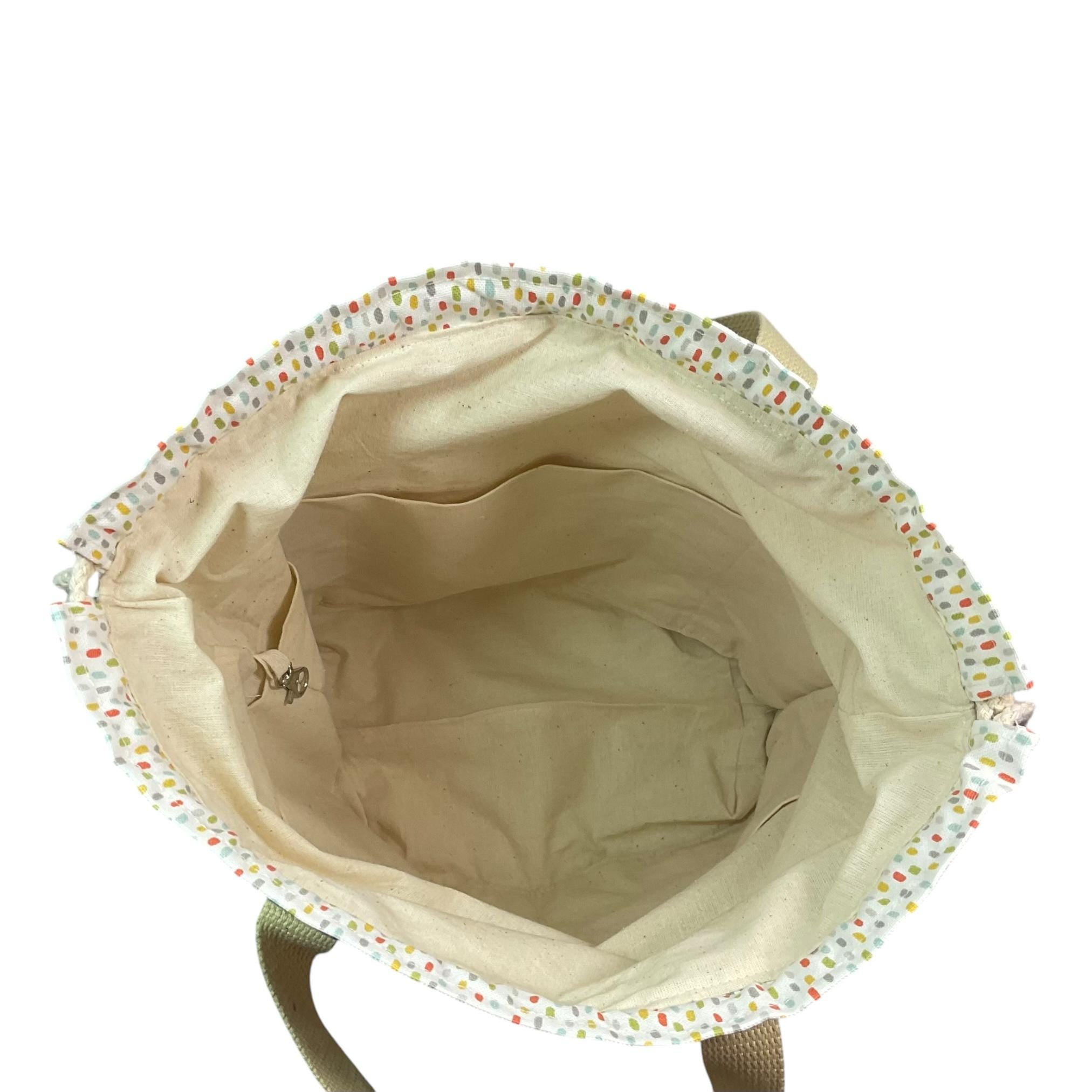 Extra Large drawstring knitting bag with cat print, multi pockets project bag with handles