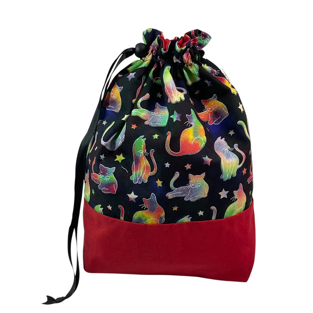 Knitting and crochet bag, Two at a time project bag with foxes print, drawstring divided sock sack, yarn work in progress pouch, craft gift