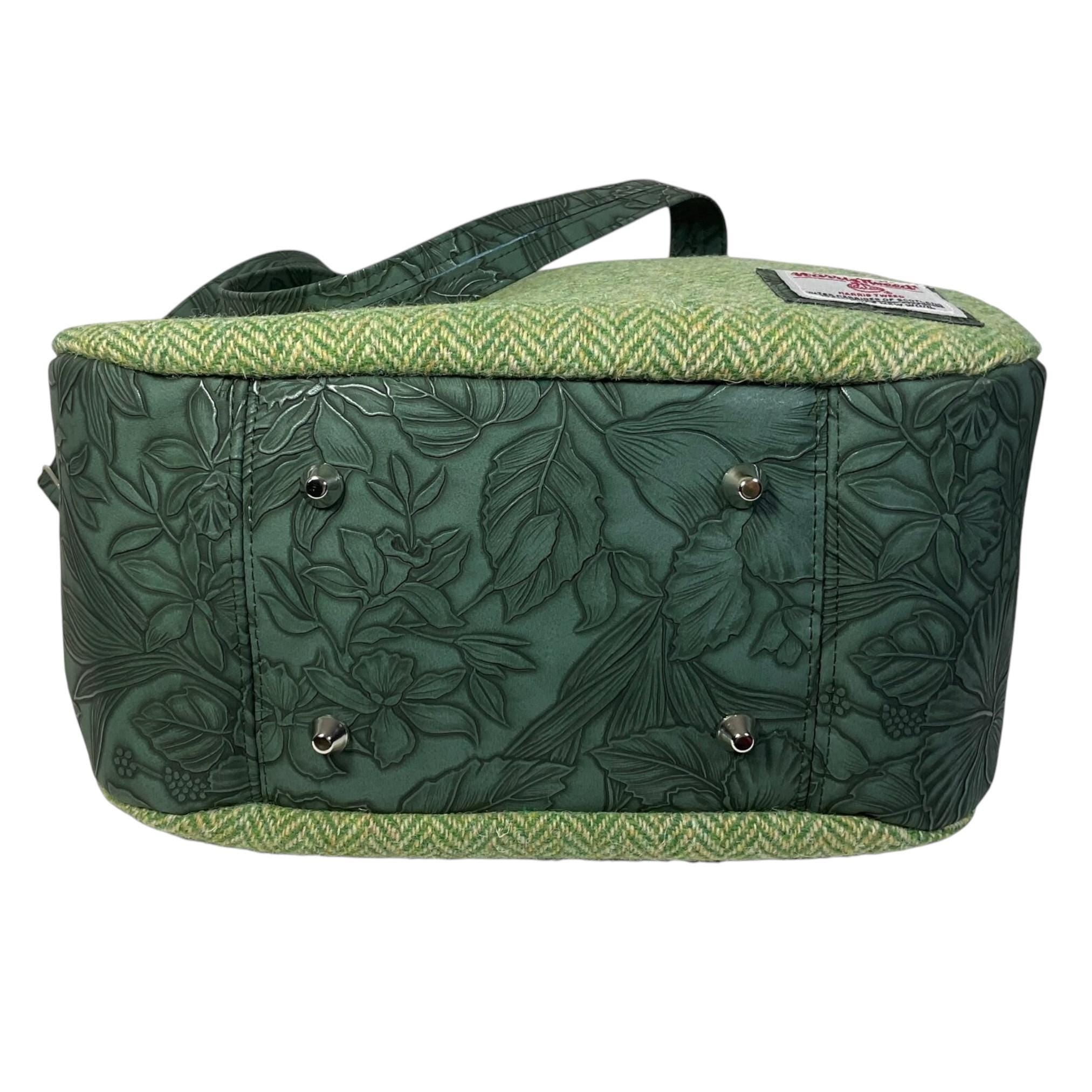 Harris tweed Crossbody Handbag,green floral faux leather tote, floral shoulder bag, zip pocket large adjustable strap organiser bag