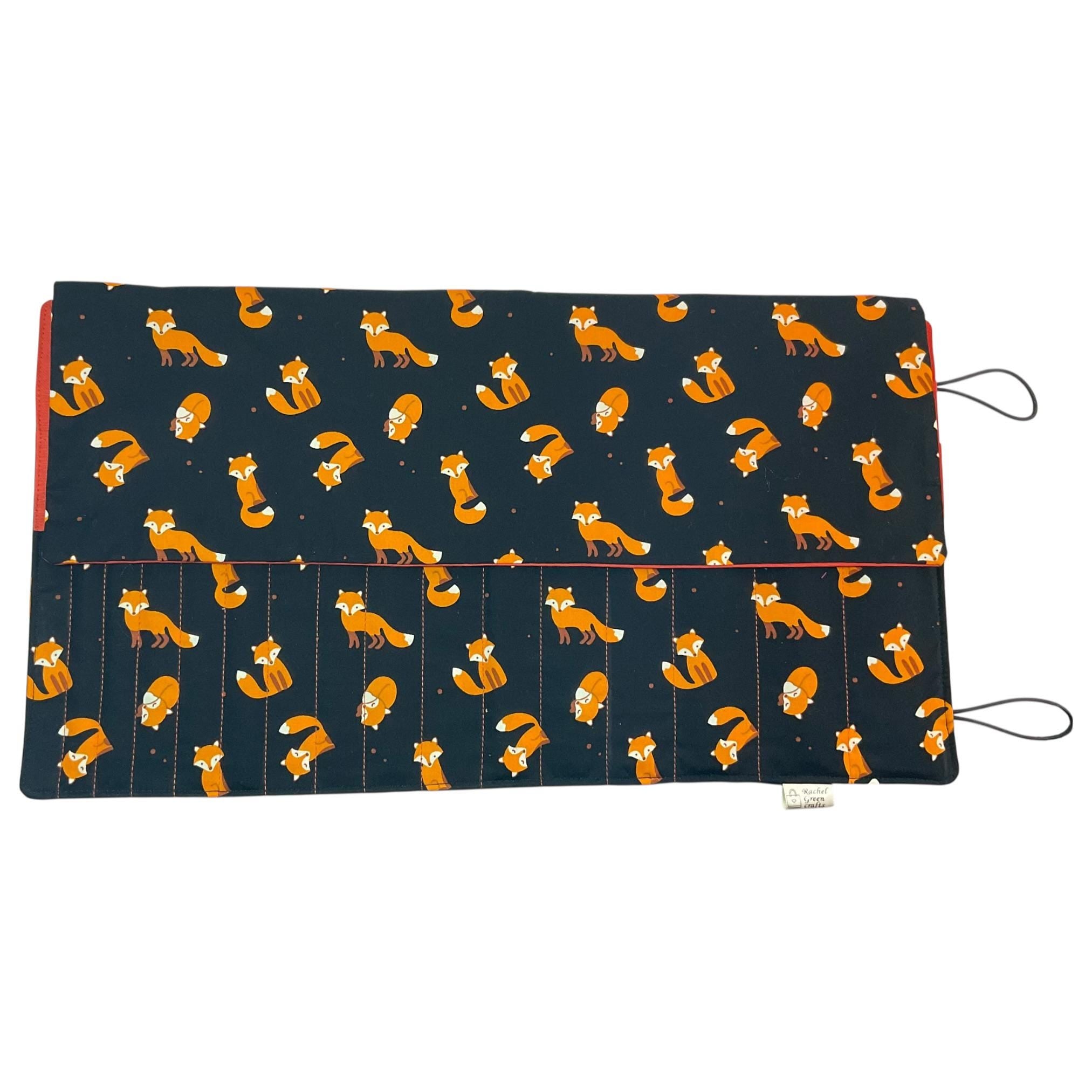 Double pointed knitting needle case with foxes,  DPN or crochet hook case, sock knitters gift, straight needle pouch