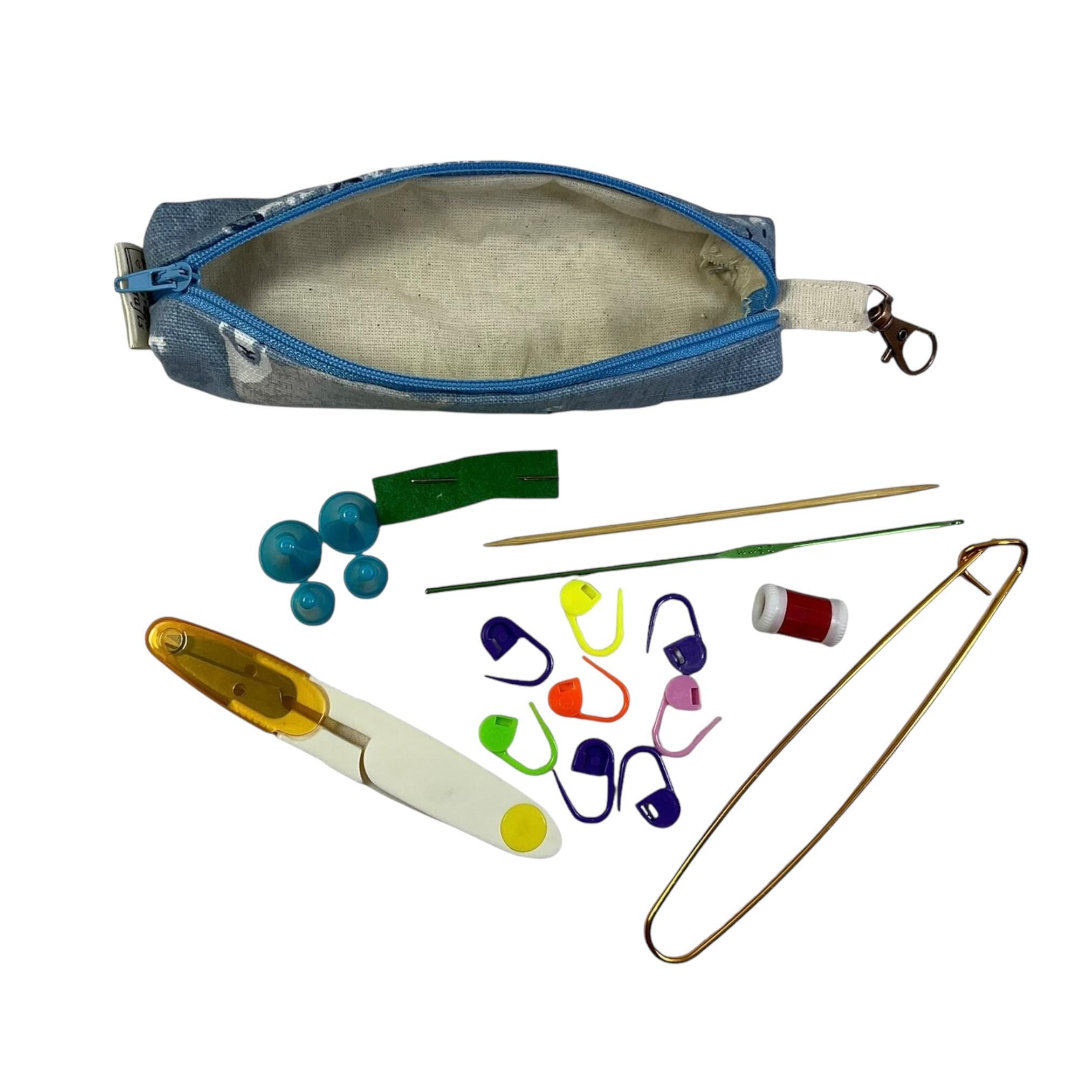 Knitting and crochet travel notions kit, clip on knit bag travel kit, stitch markers, accessories pouch, travel scissors, crafting kit
