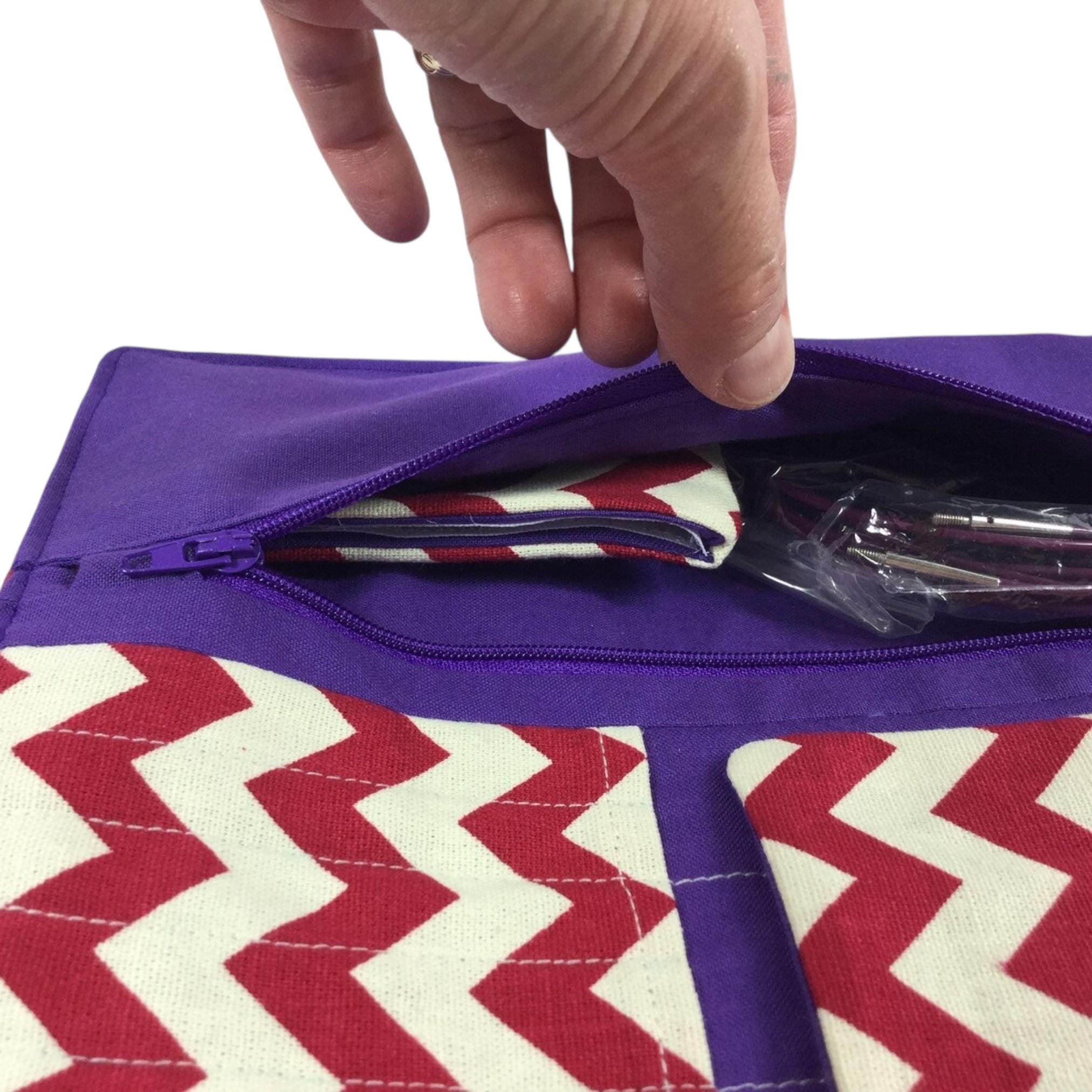Red interchangeable and double pointed knitting needle case, chevron print knitting needle pouch, zig zag hiya hiya case, knit pro wallet