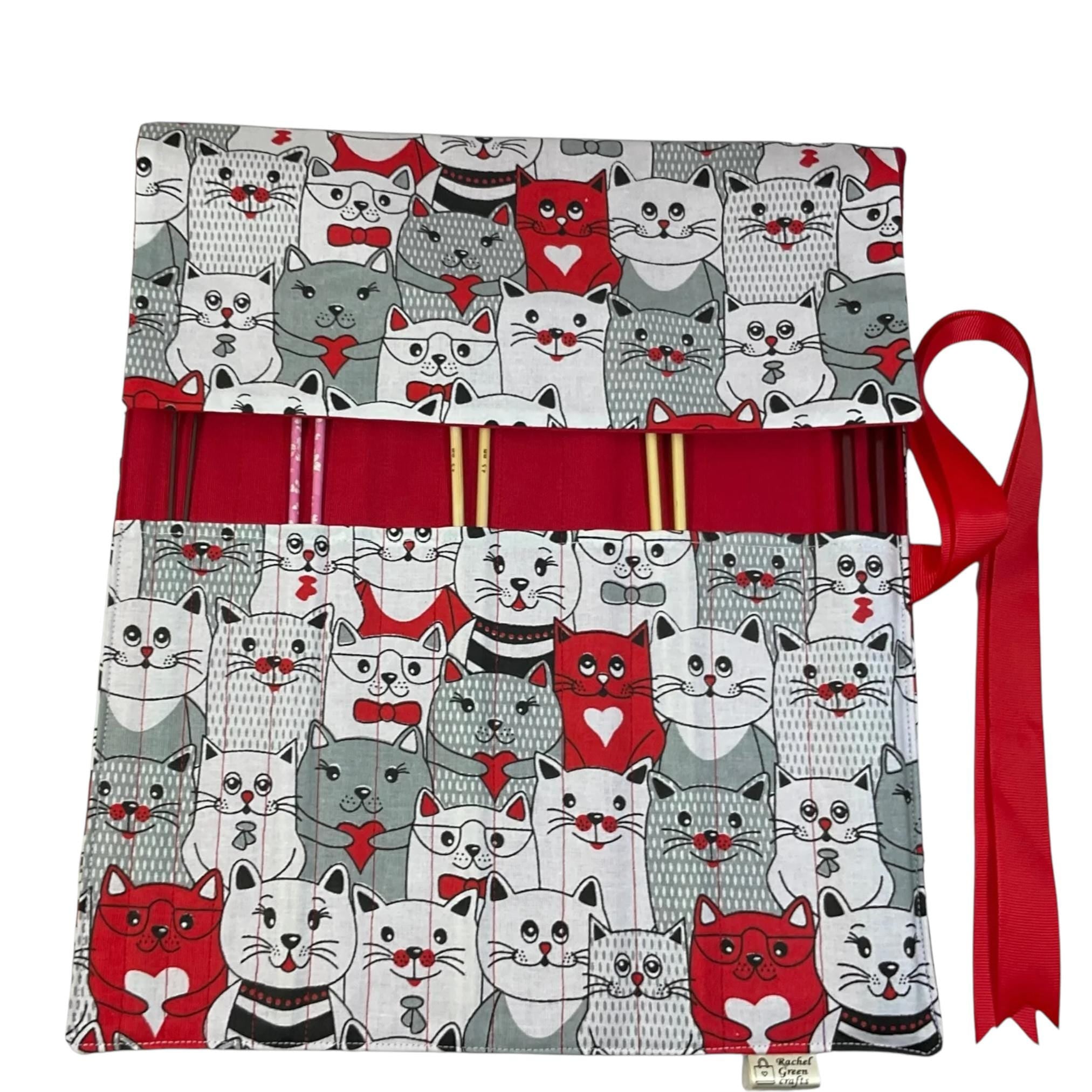 Straight knitting needle case with cats, needle roll, needle case, needle storage, knitting accessories, knitters gift, needle organiser