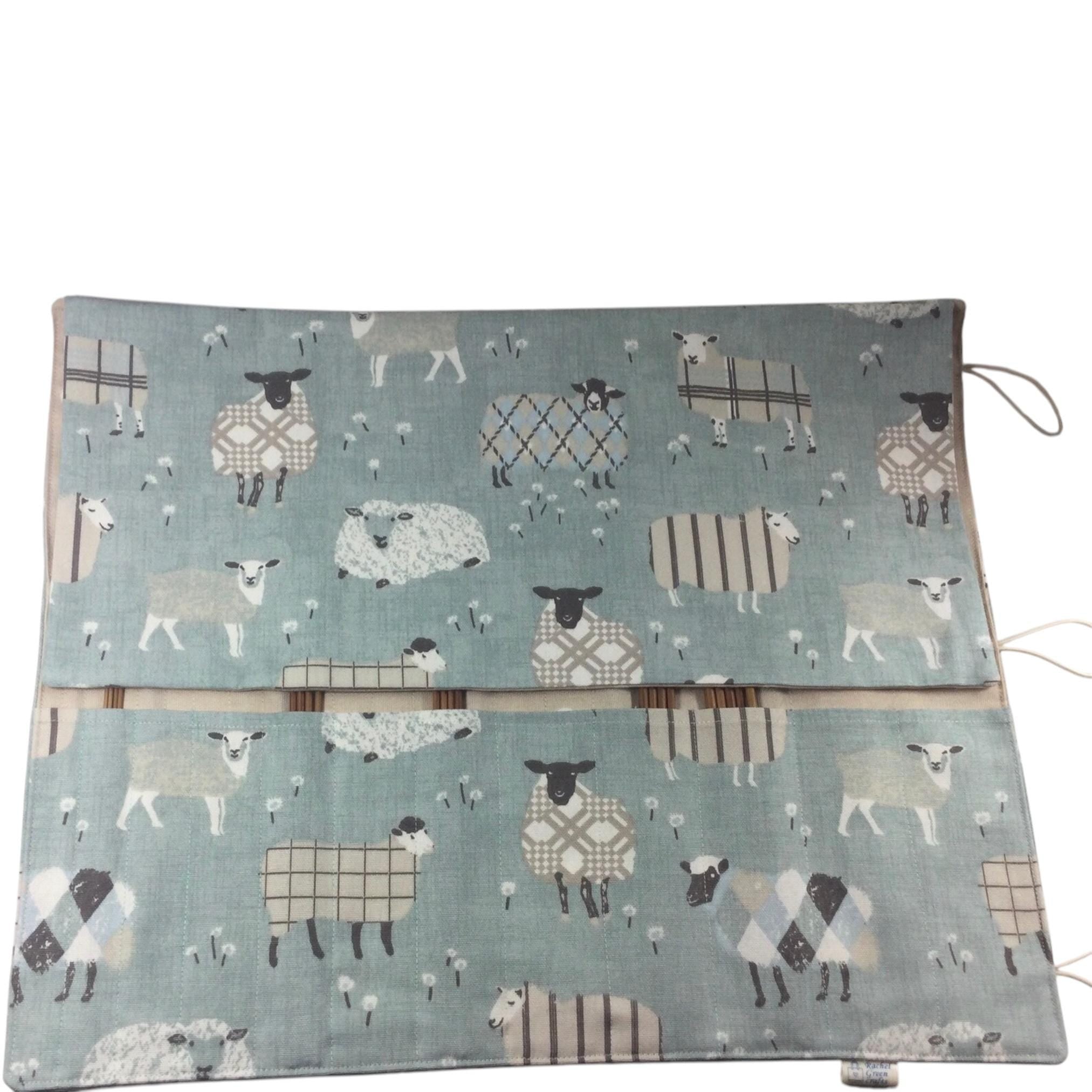 Straight and double pointed knitting needle case with blue sheep, knitting needle pouch,  needle storage, long needles wallet, sock needle