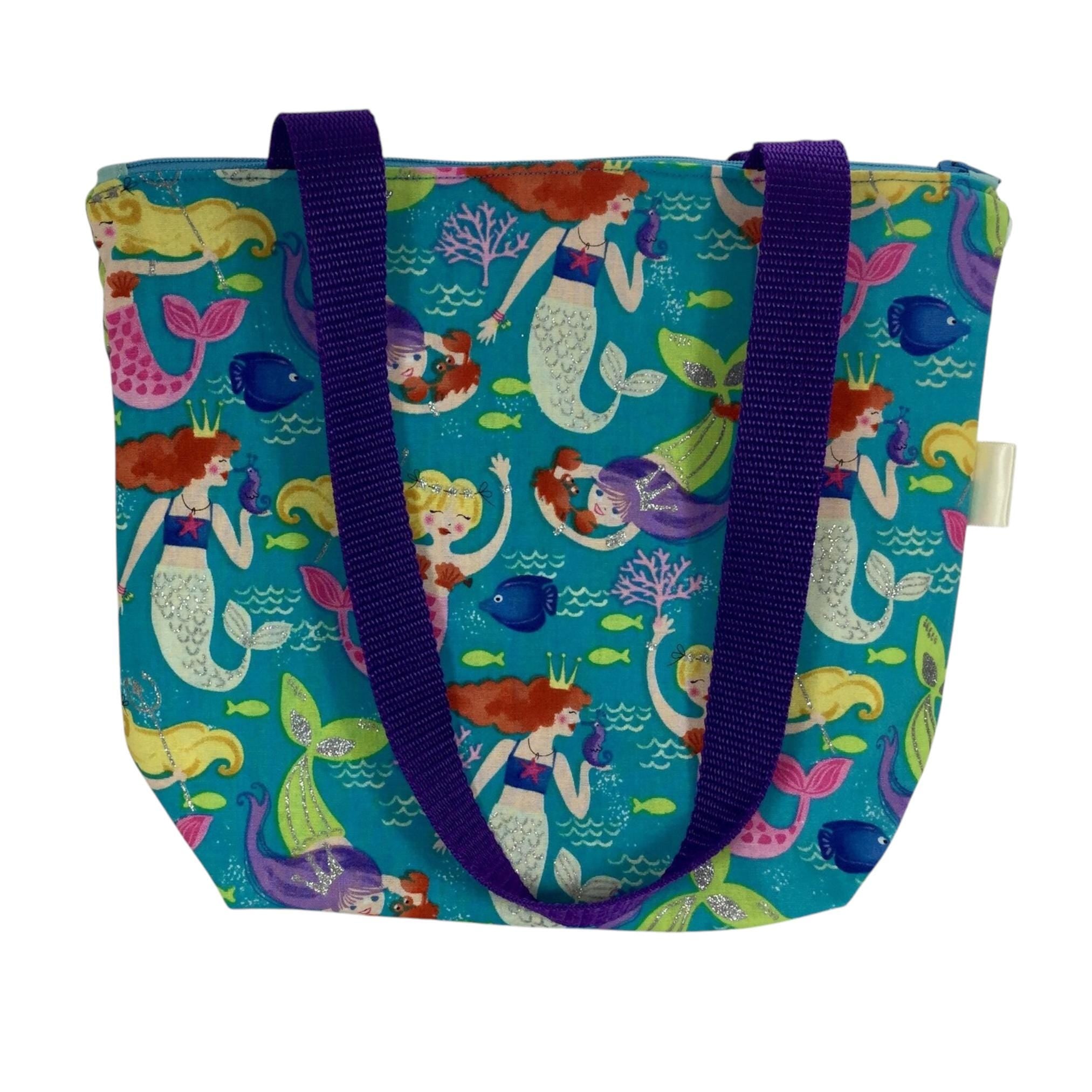Small tote bag with zip, girls glittery mermaids shoulder bag, ballerina mini tote, child's unicorn book bag, fully lined project bag