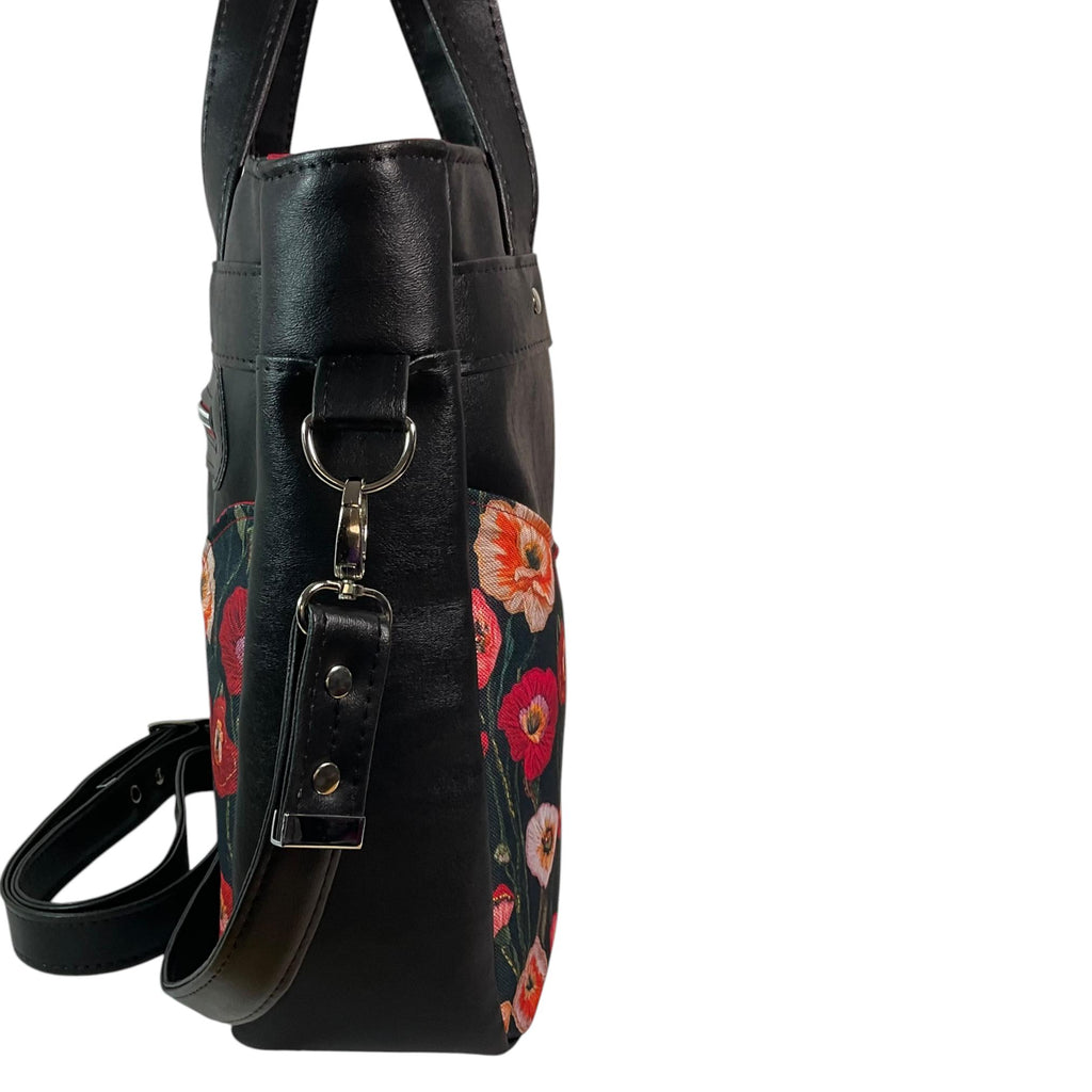 Handbag in faux leather and poppies floral print, vegan ladies gift, handles and crossbody strap bag, rectangular shoulder zip tote