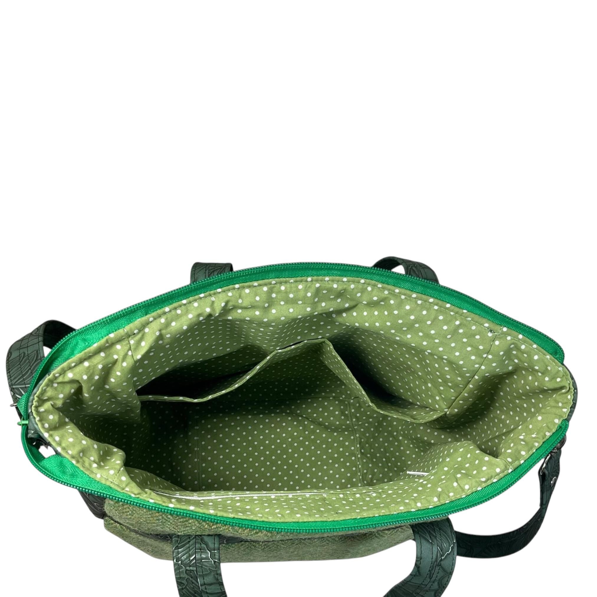 Harris tweed Crossbody Handbag,green floral faux leather tote, floral shoulder bag, zip pocket large adjustable strap organiser bag