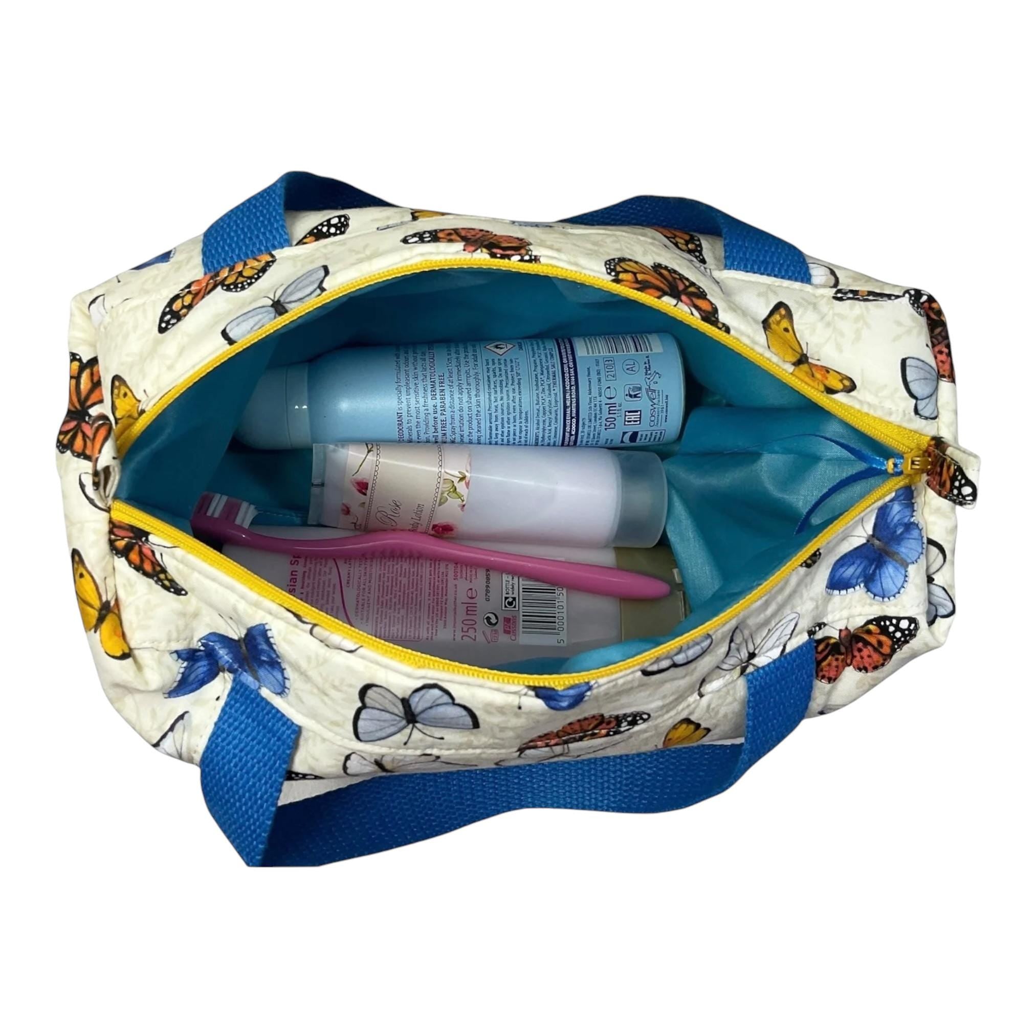 Large butterfly toiletries bag with handles and zip pocket, bird print Waterproof lined wash pouch, camping  ladies  gift, womens sponge bag