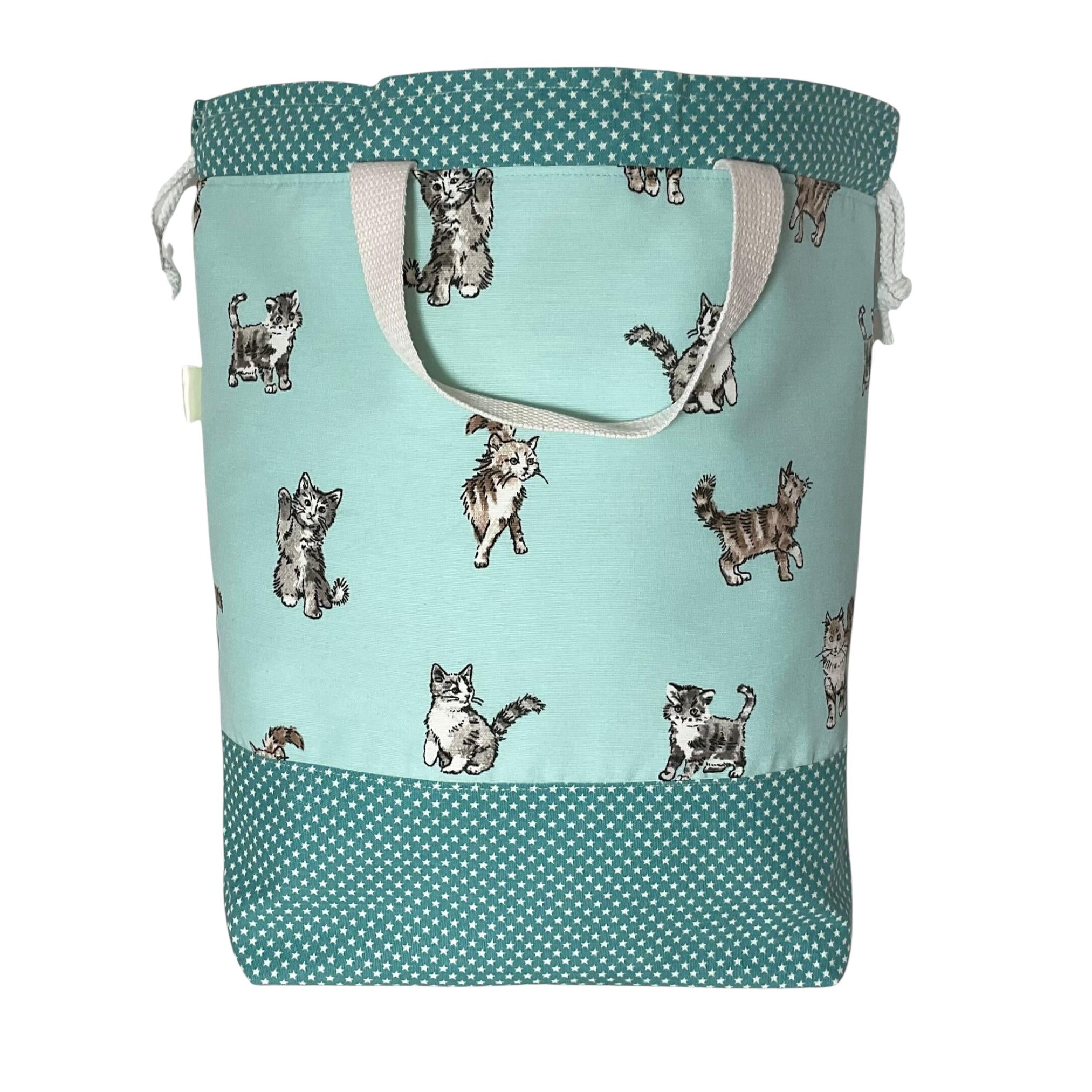 Extra Large canvas drawstring knitting bag with cats print, multi pockets project bag with handles
