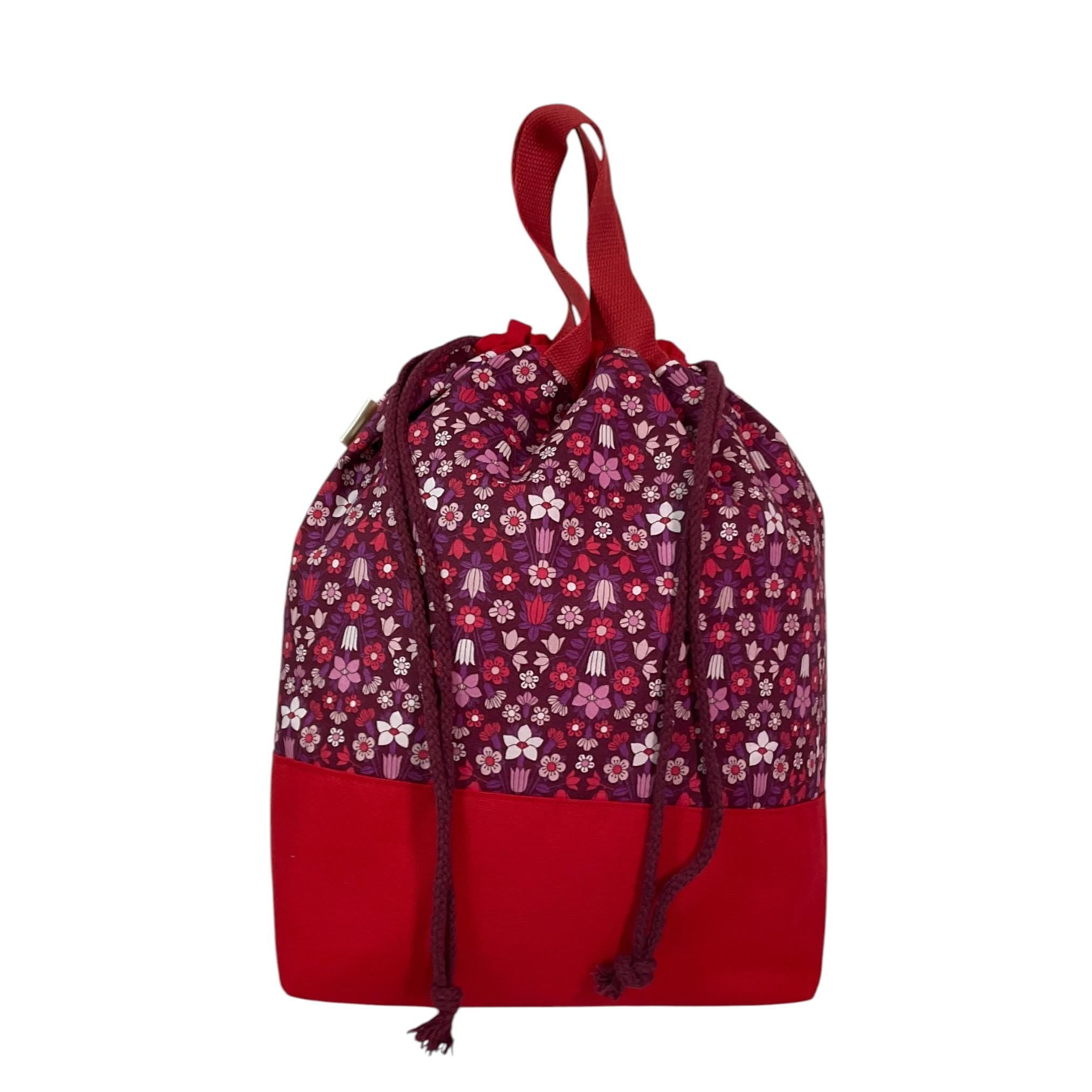 Liberty fabric Extra Large drawstring knitting bag with floral print, multi pockets project  bag with handle, flower lover gift