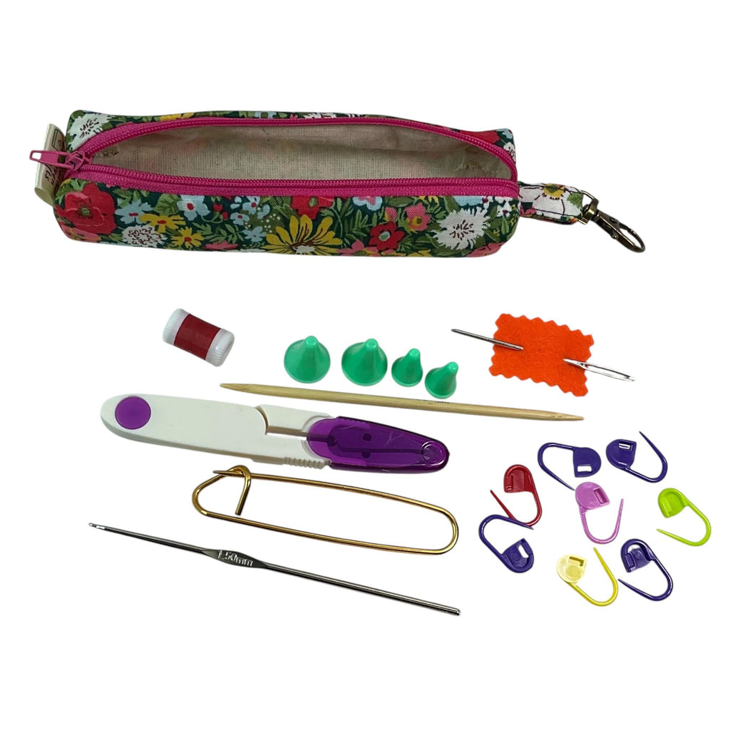 Knitting kit and crochet travel set in Liberty fabric, clip on bag travel kit, floral accessories pouch, travel scissors, crafting kit
