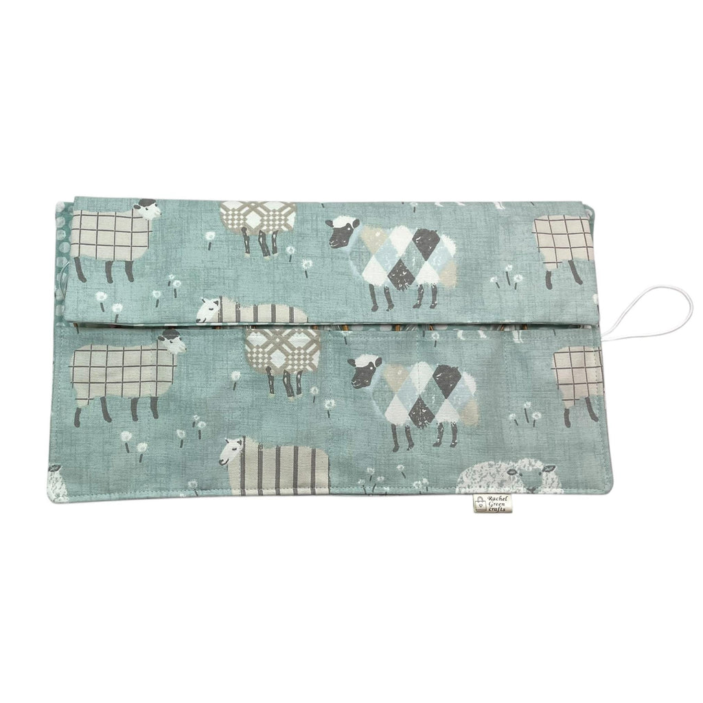 Circular knitting needle case with blue sheep,  fixed circular wallet,  sock needles storage pouch, knitters gift
