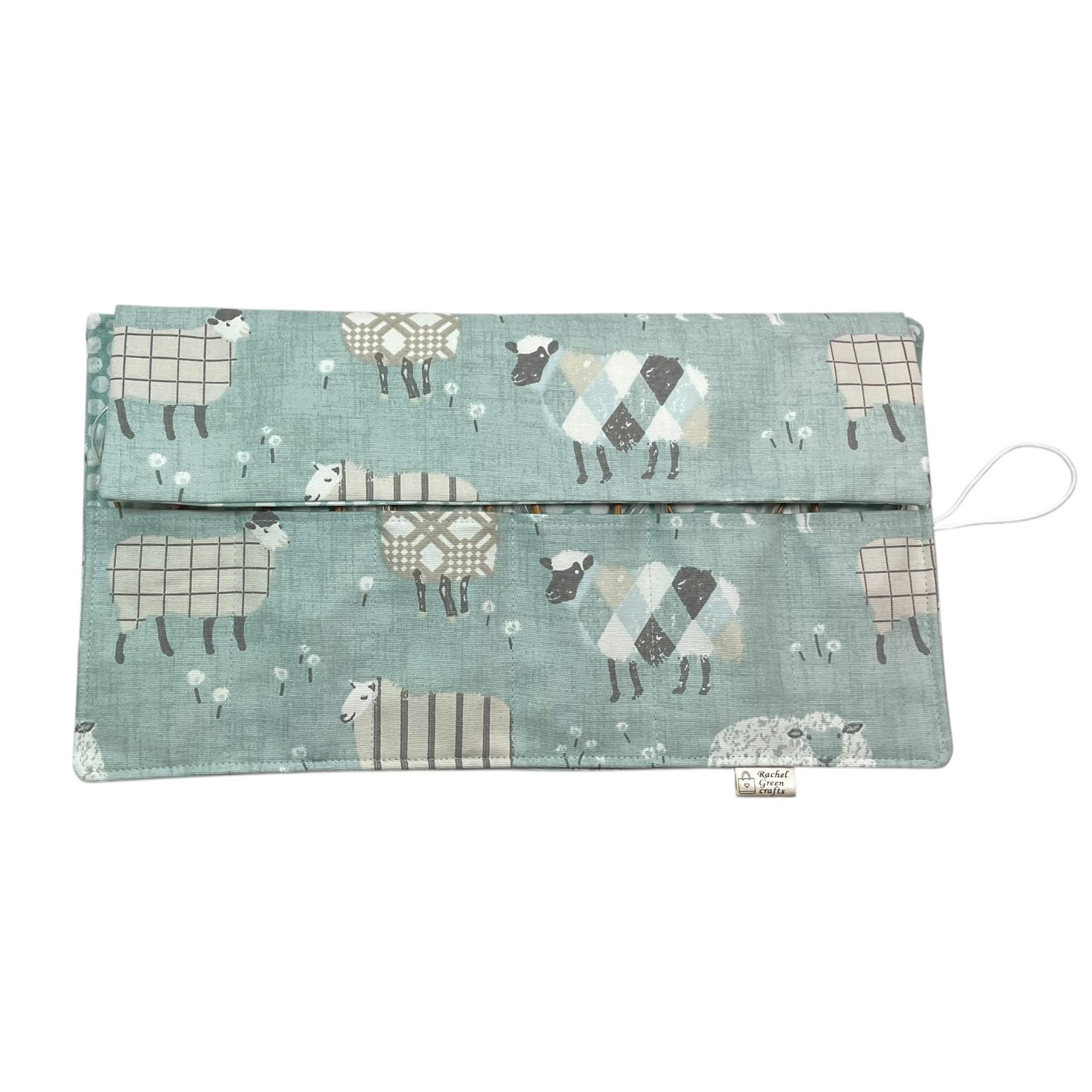 Circular knitting needle case with blue sheep,  fixed circular wallet,  sock needles storage pouch, knitters gift